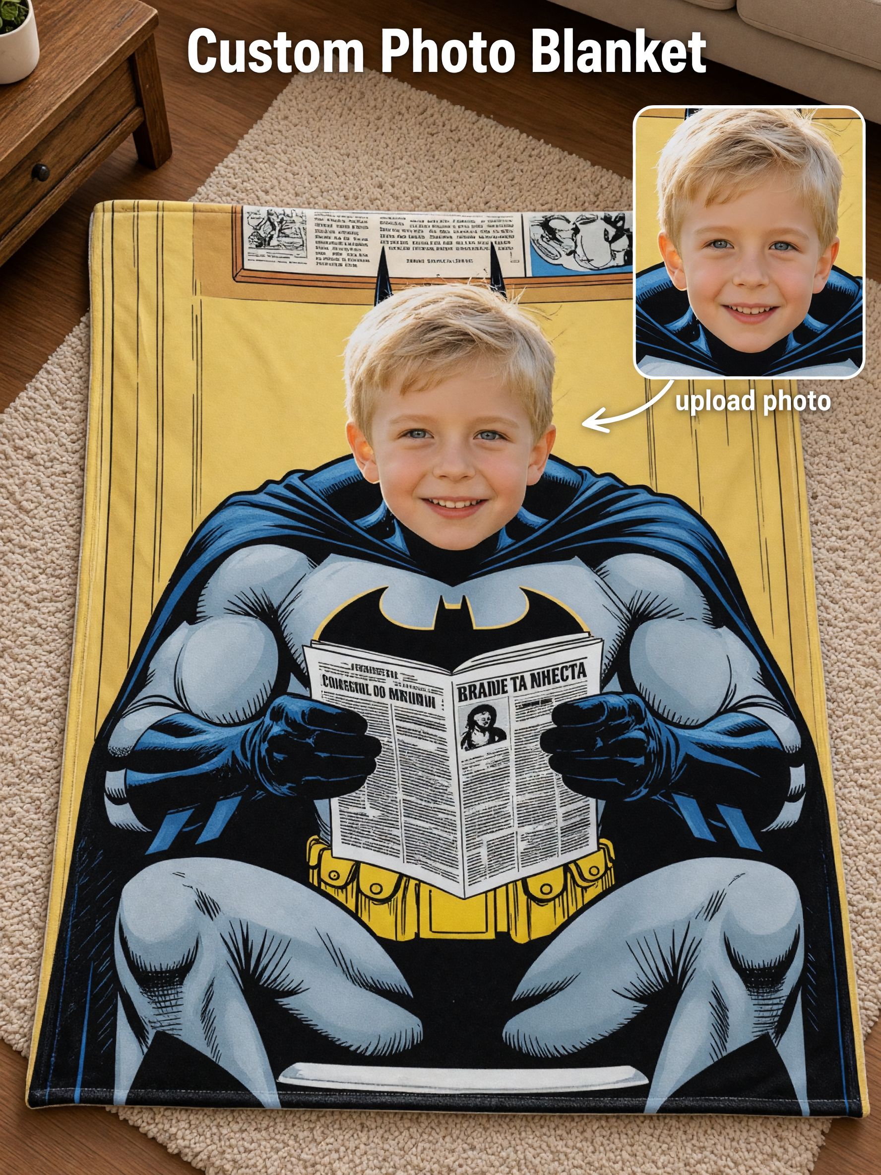 Custom Photo Comic Superhero Flannel Blanket, Personalized Face Portrait Soft Warm Throw for Bed Couch and Travel