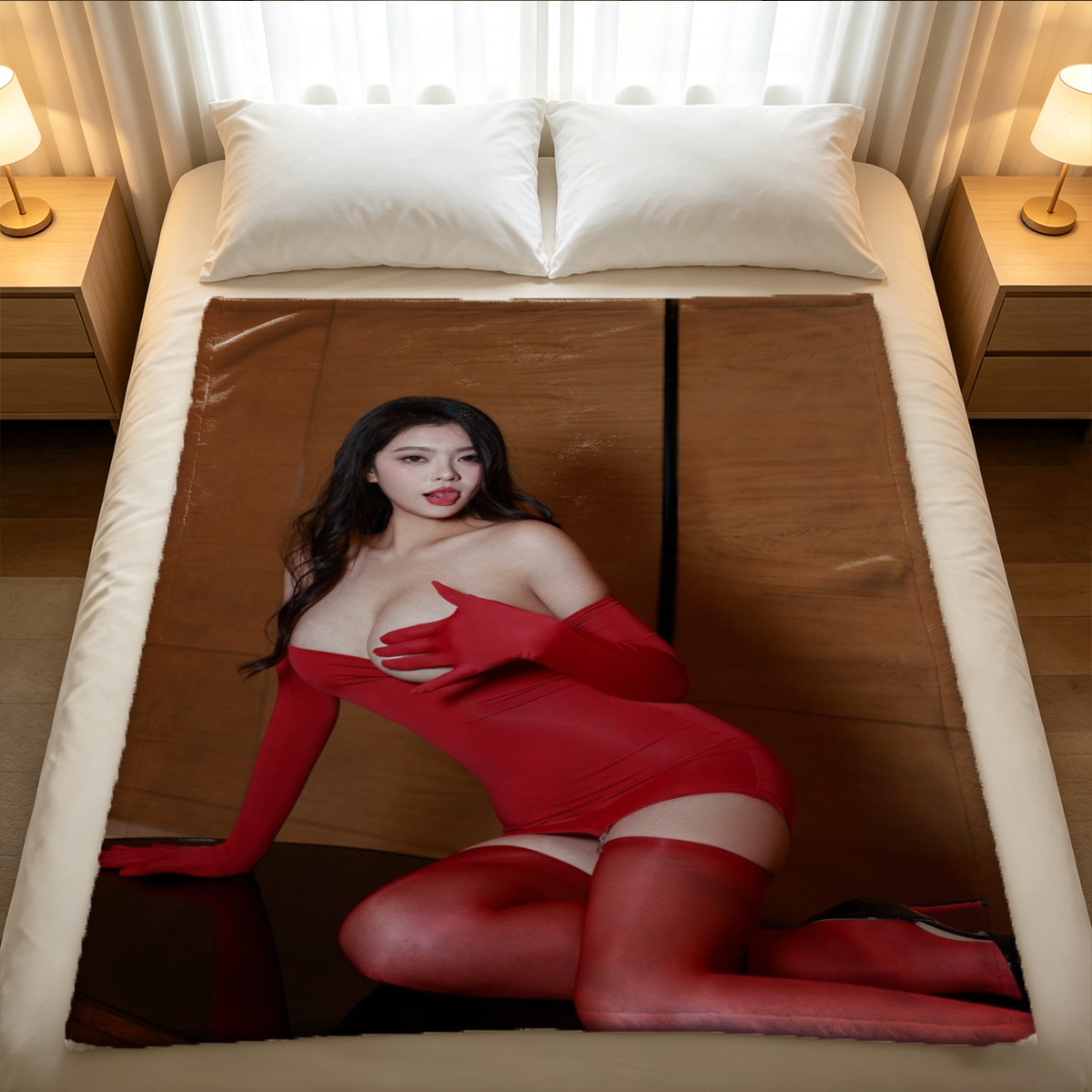 Nude Japanese AV idol with cat ears lying on bed - Blanket