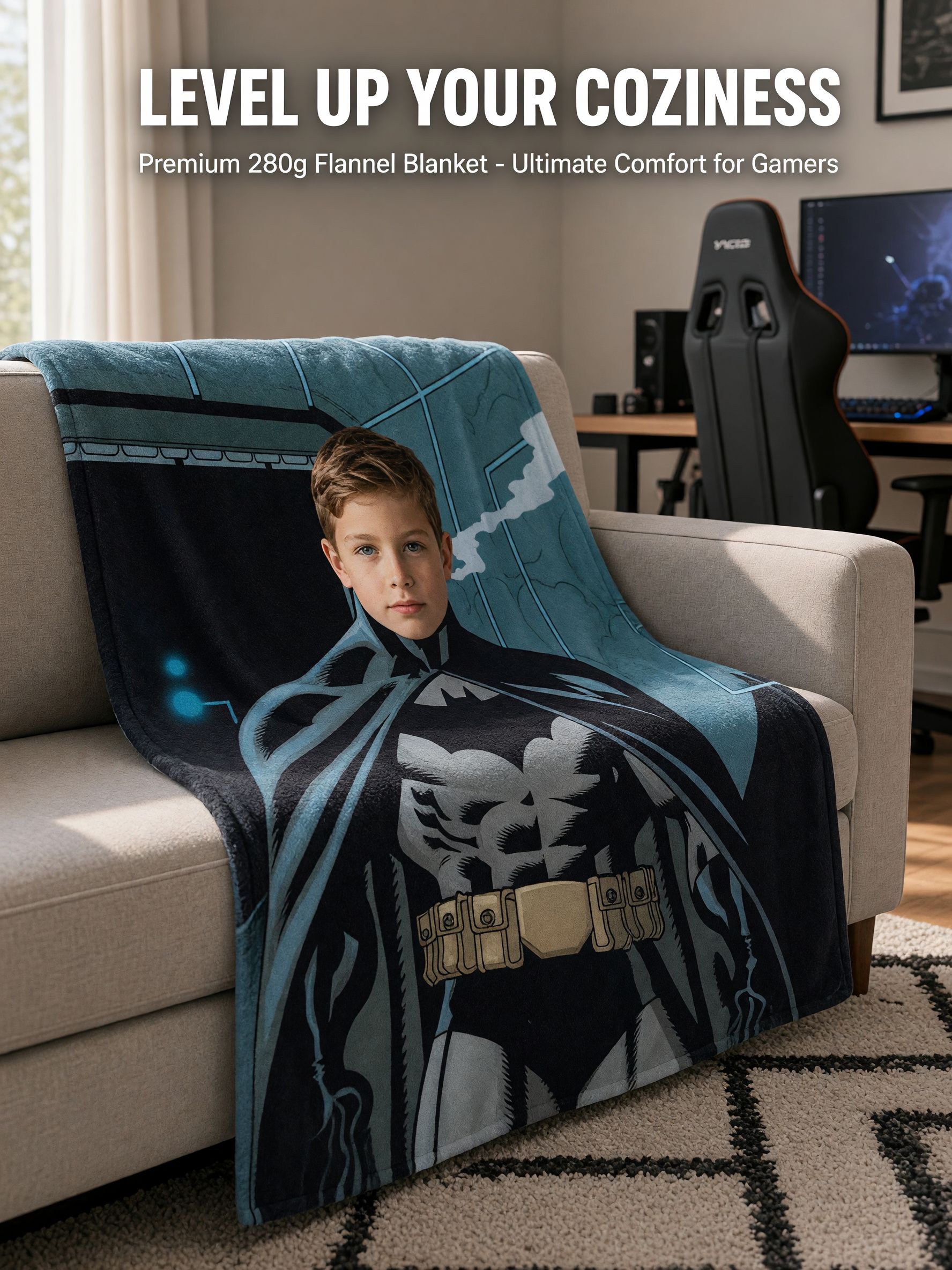 Custom Photo Face Flannel Blanket with Comic Superhero Design Soft Cozy Personalized Avatar Throw Gift for Boys and