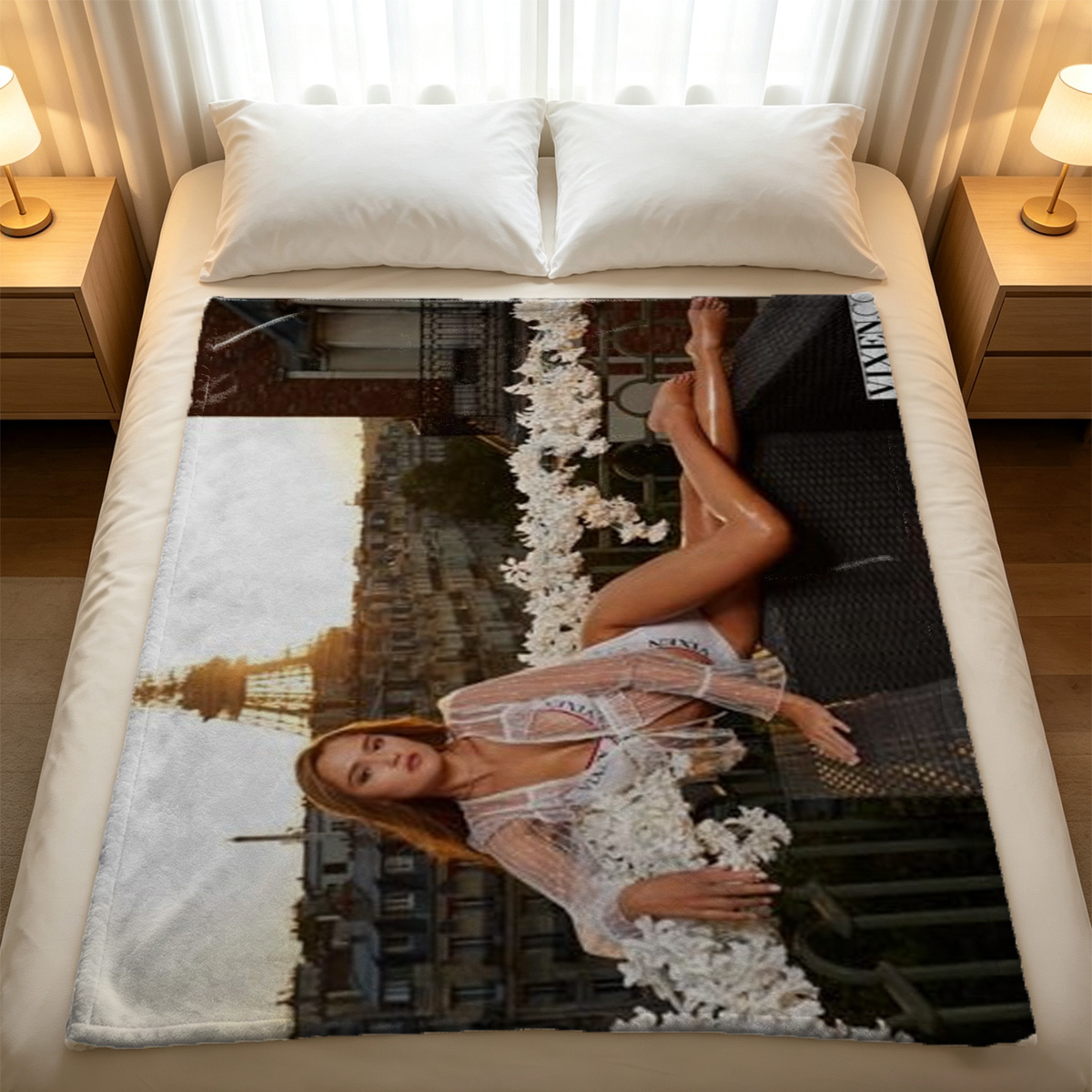 Nude Japanese Model Sitting on White Sofa - Blanket