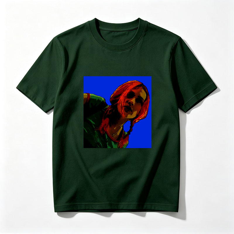 Red-Haired Woman in Green Top Against Blue Background - Tee