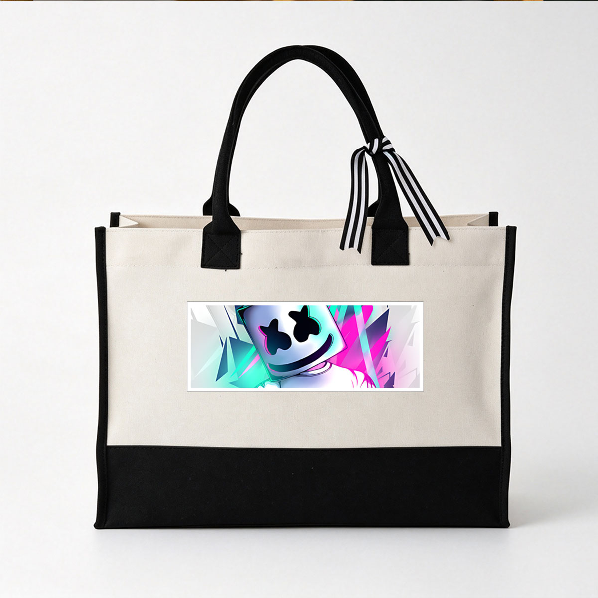Marshmello in a vibrant, geometric background with neon colors - Canvas patchwork gift tote bag