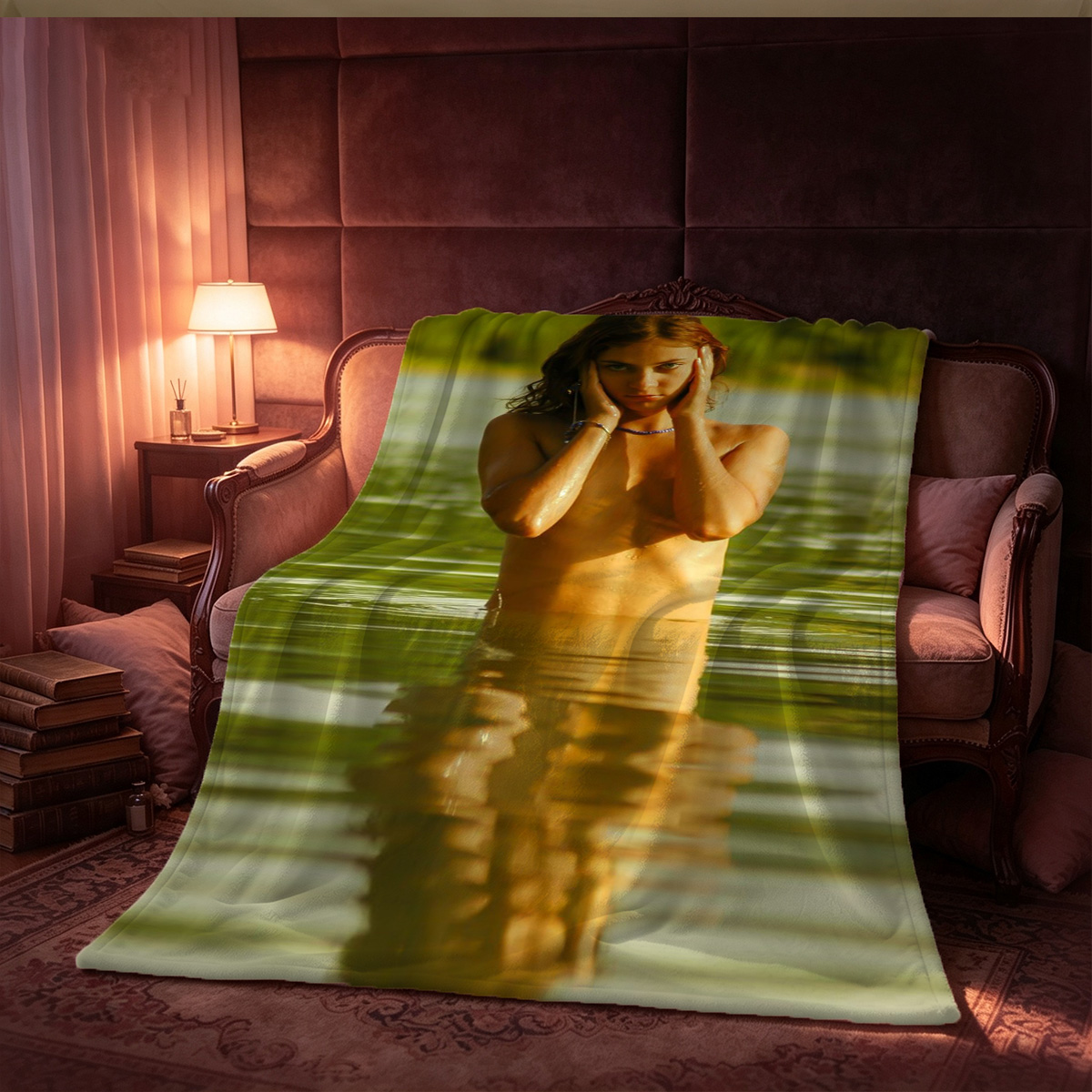 A young Asian woman with long black hair lies nude under a light blue sheet on a grey couch. - Blanket