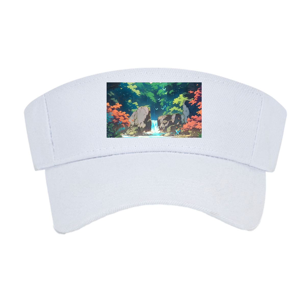 Serene Forest Stream with Waterfall and Butterflies -  Visor cap