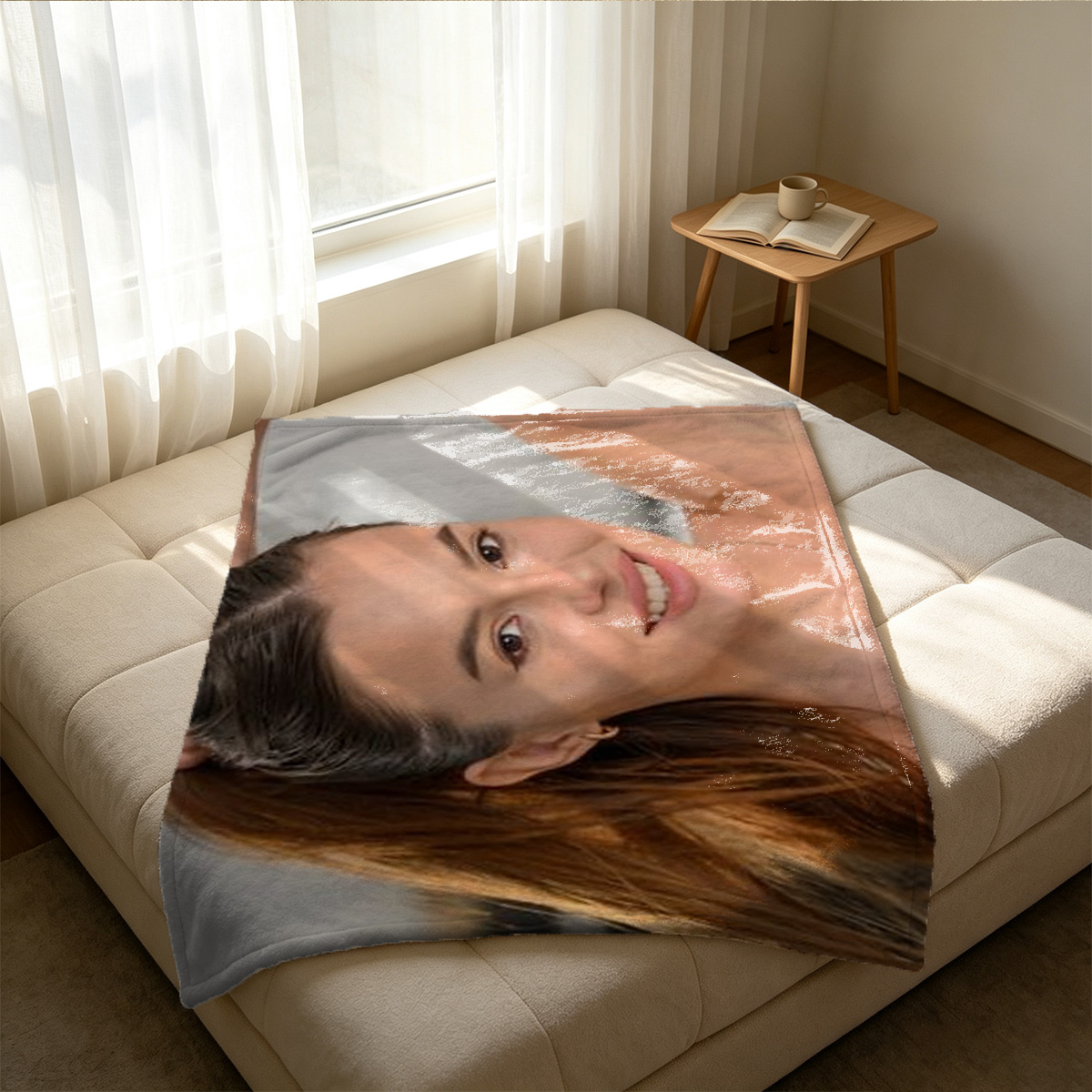 Nana Eikura topless in pink crochet sweater, lying on tatami mat - Blanket