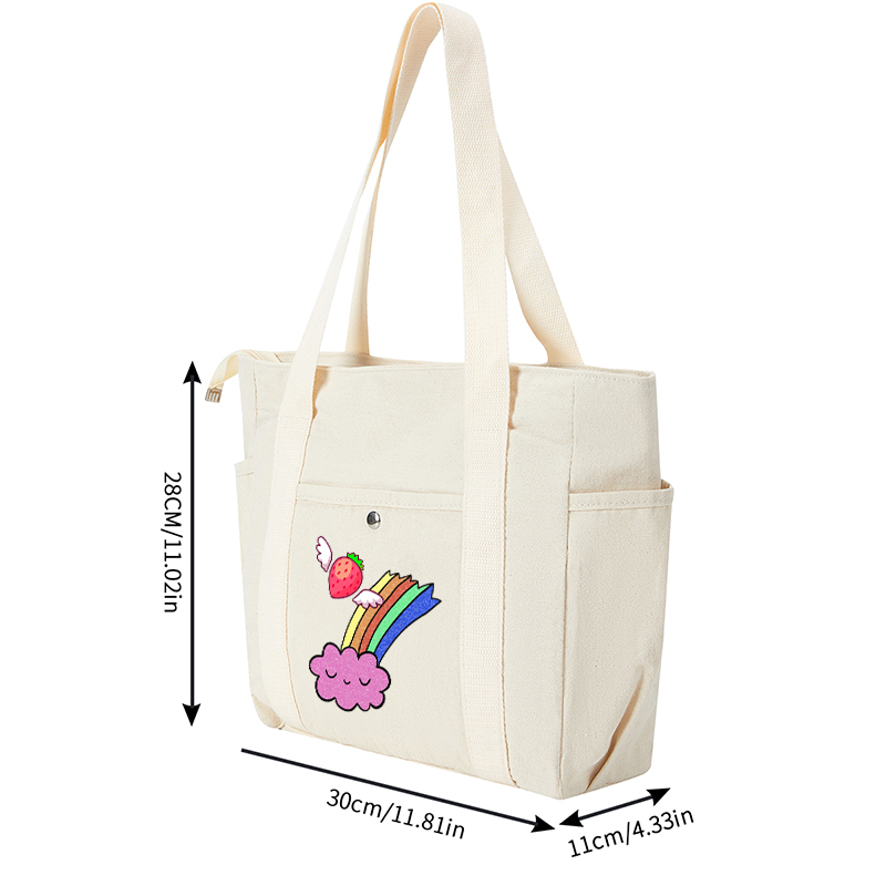 Multi Pocket Bag Cream White with Rainbow Cloud and Winged Strawberry Print | Versatile Everyday Organizer for Women, Teens, and Students | Perfect for School, Work, Travel, and Daily Use