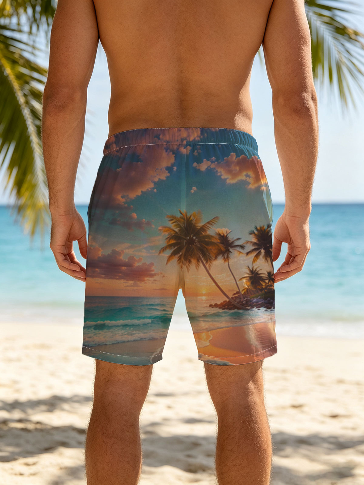 Tropical sunset with palm trees and waves on a sandy beach -  Beach shorts