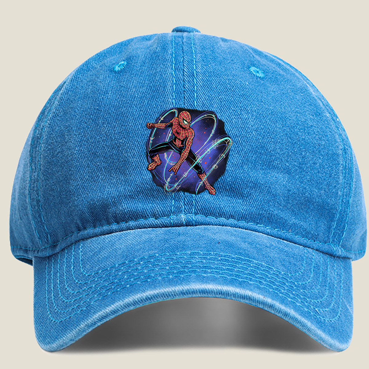 Spider-Man in Action with Dynamic Web Swirls - Washed Denim - Baseball Cap