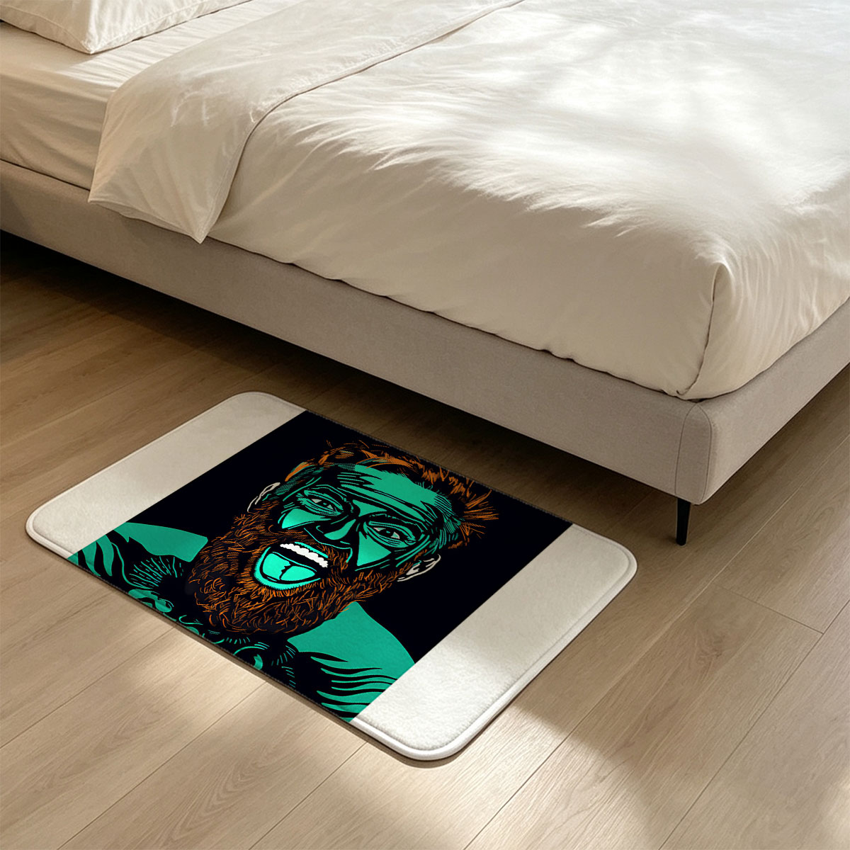 Bearded Man with Turquoise Face and Intense Expression - Flannel floor mat