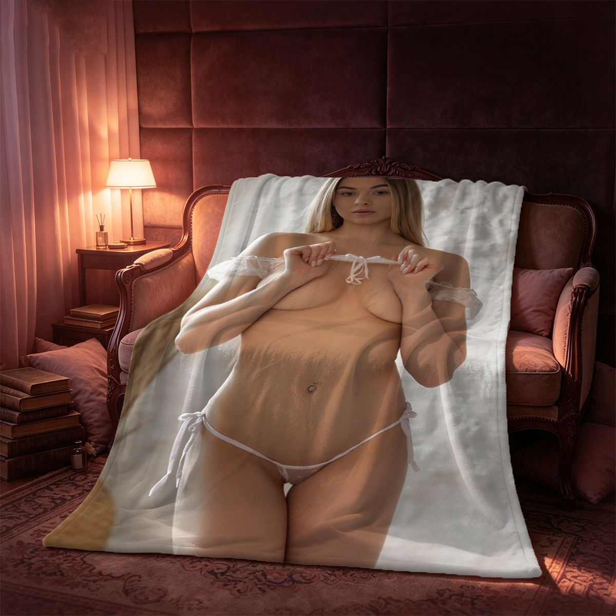 Nude Japanese model lying on hospital bed by window - Blanket