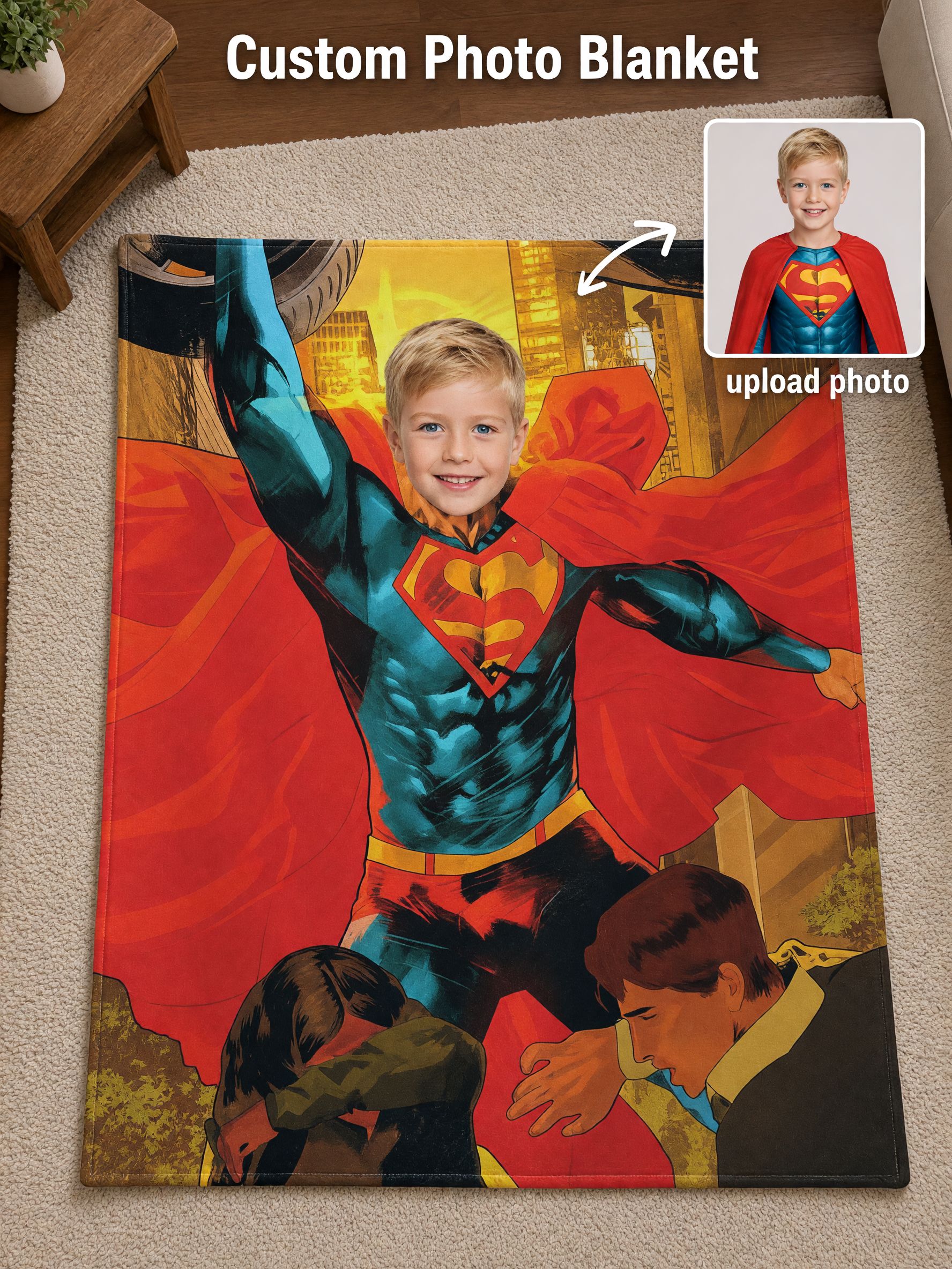 Personalized Superhero Photo Face Flannel Blanket, Custom Comic Fleece Throw, Cozy Keepsake Gift for Bed Couch