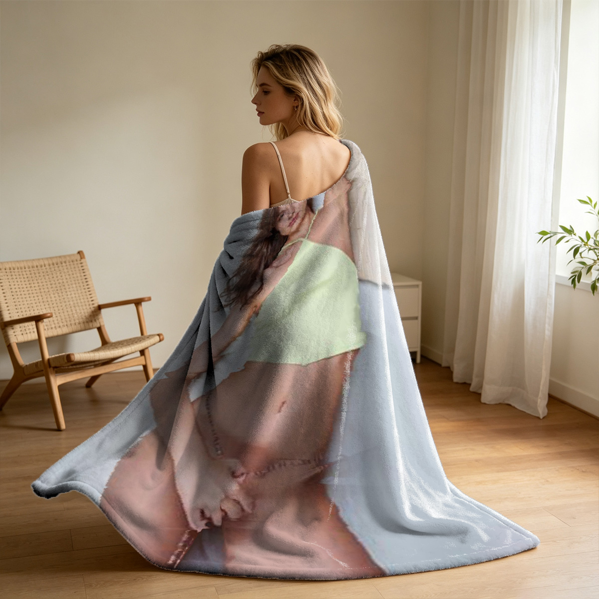 Pregnant woman in pink lace lingerie posing on a couch. - Blanket