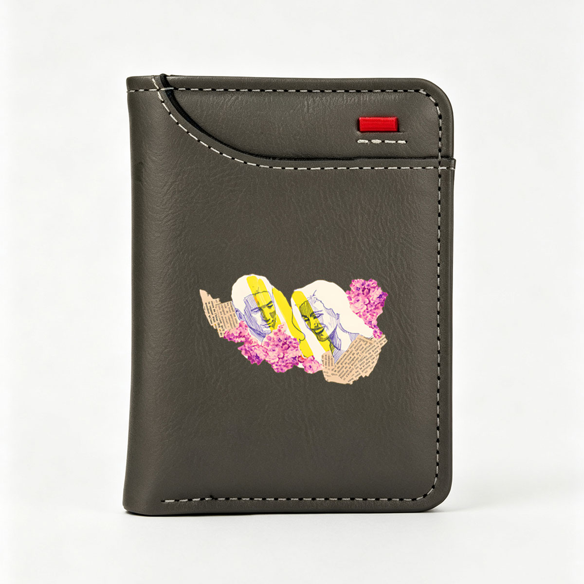 Two stylized faces with yellow highlights and purple flowers, set against a backdrop of text fragments. - Vertical Style Wallet