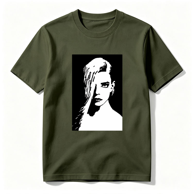 Stylized Black and White Portrait of a Woman with Long Hair - Tee