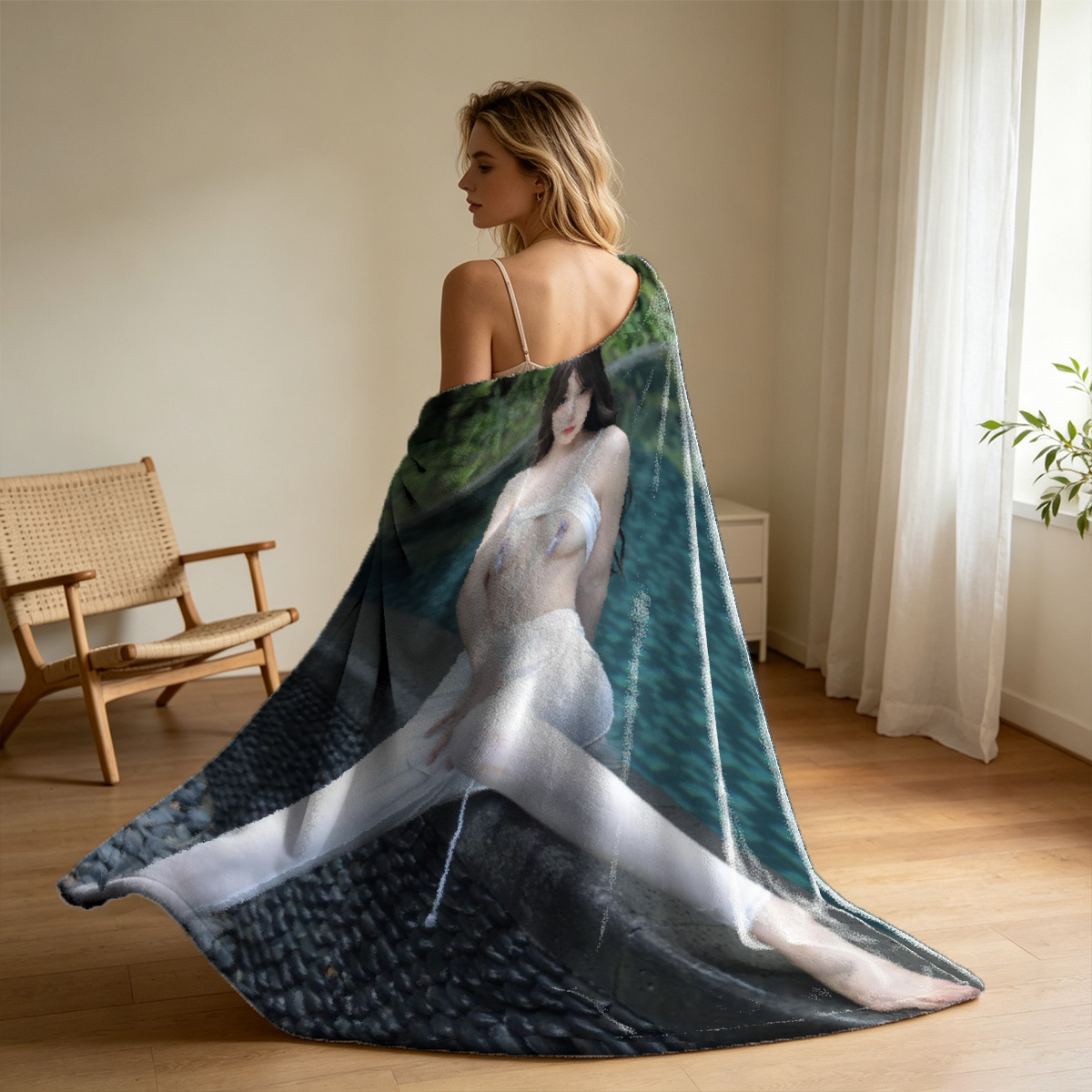 Emma Watson in Gray Lingerie Holding a Fan in a Modern Interior - Blanket