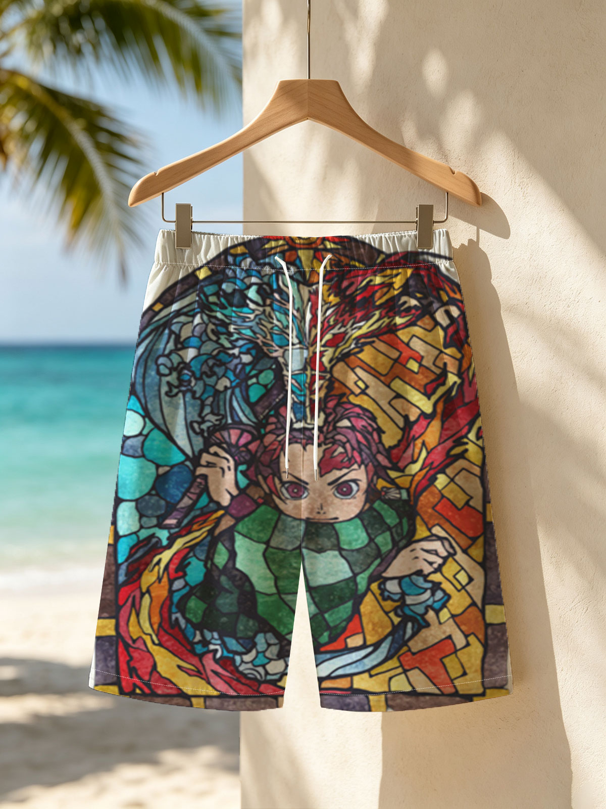 Demon Slayer Tanjiro Kamado Stained Glass Art -  Beach shorts
