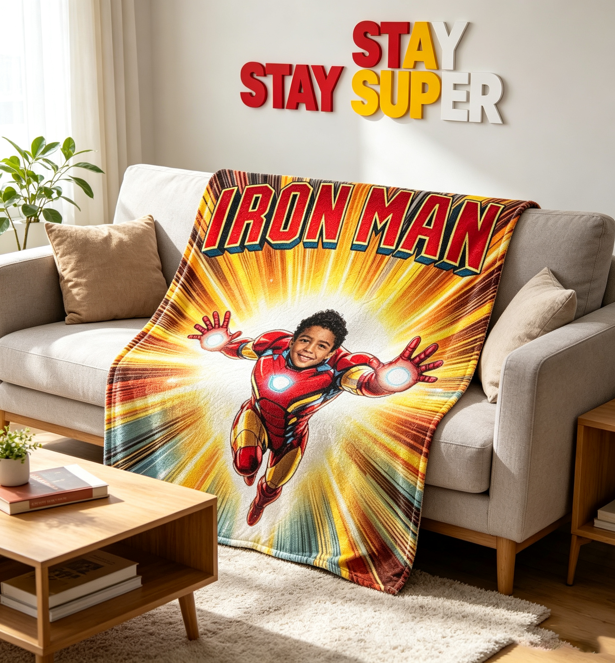 Personalized Custom Face Iron Man Blanket, Upload Photo Superhero Fleece Throw Blanket, Birthday Holiday Gift for Boys Kids