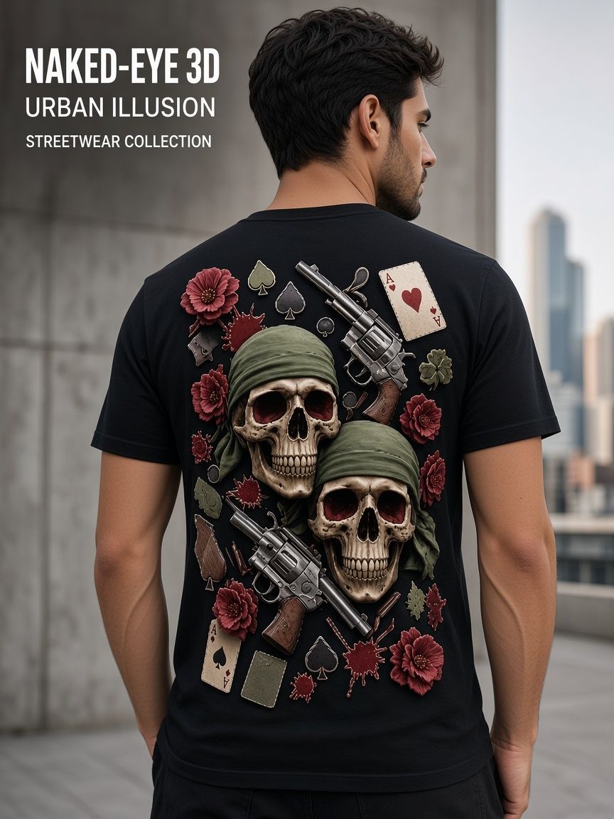 Tactical Skull Poker 3D Optical Illusion Graphic Tee Breathable Athletic Mesh T-Shirt Casual and Sports Wear