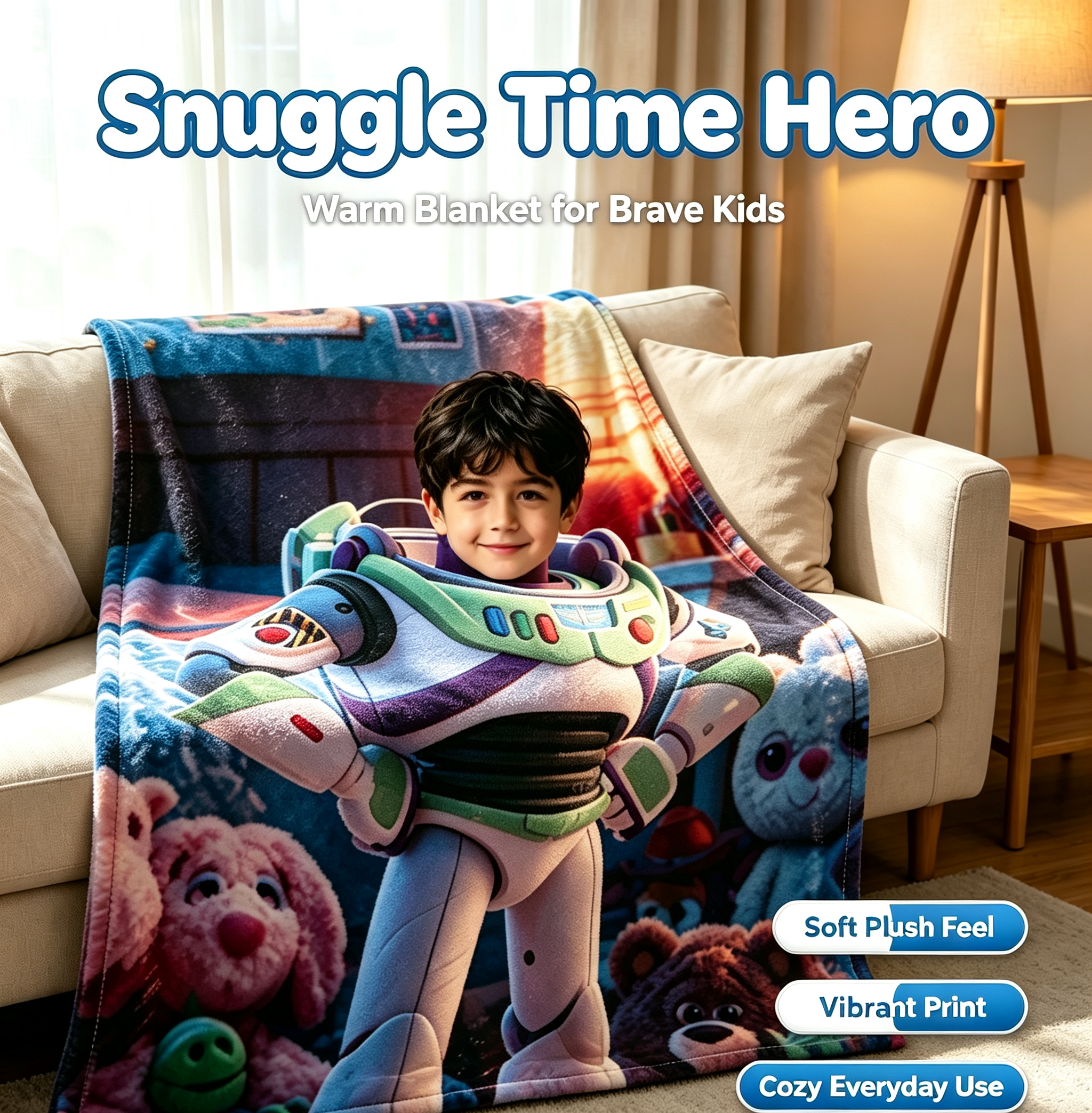 Custom Face Space Ranger Blanket for Boys, Personalized Soft Flannel Throw Blanket with Child Photo, Cartoon Hero Theme Birthday Christmas Gift for Kids