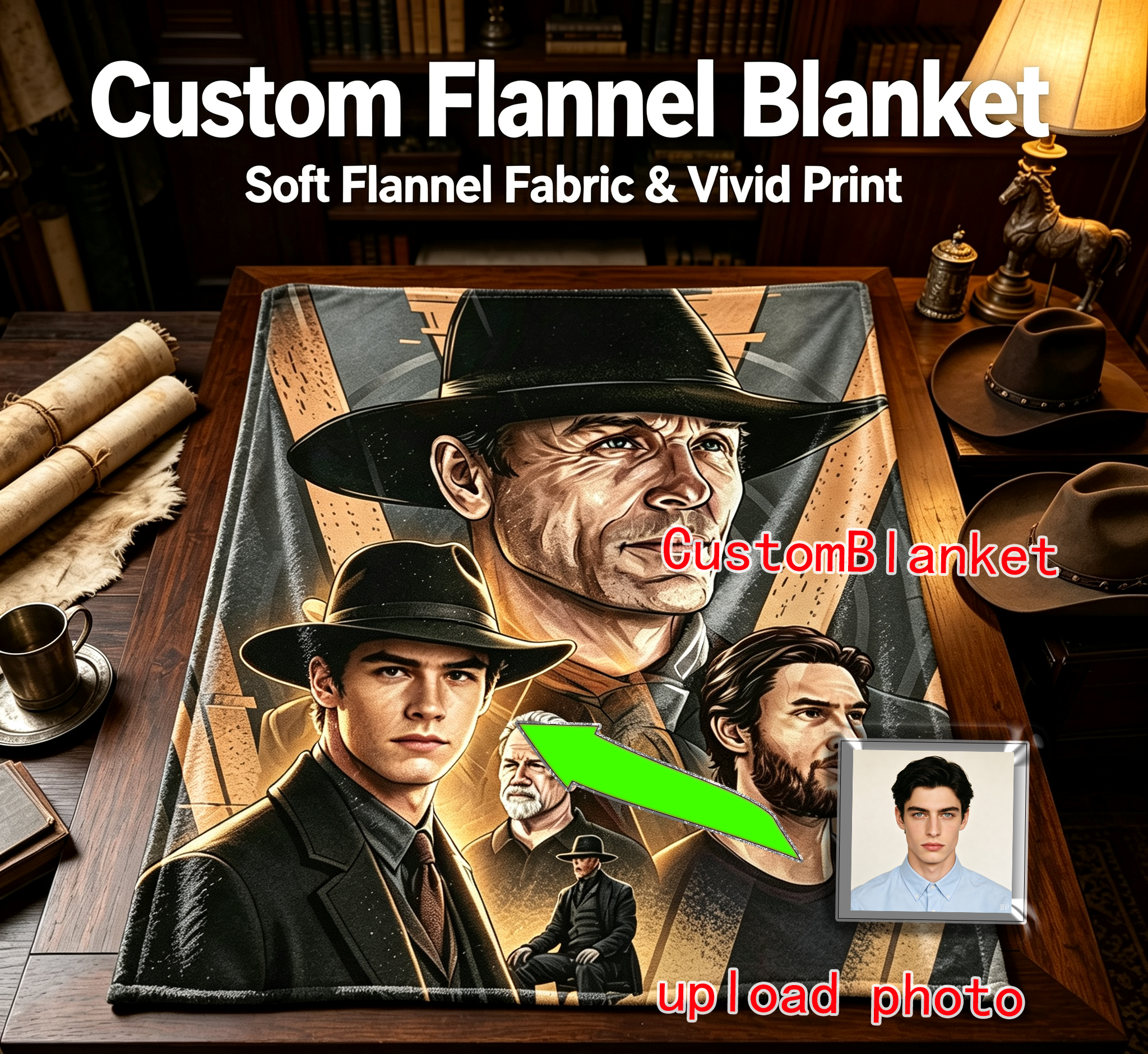 Custom Face Blanket Featuring Iconic Characters in Classic Fedoras Flannel Blanket Perfect for Cozy Nights and Movie Fan Gifts