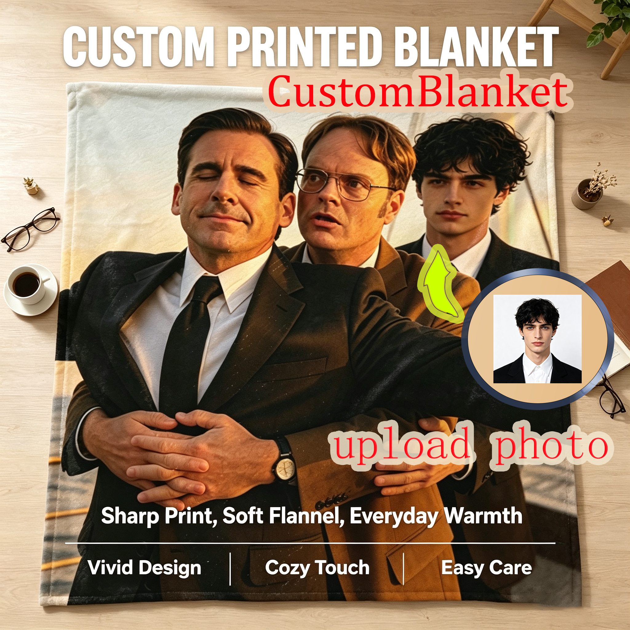Custom Face Blanket - Steve Carell, Rainn Wilson, and Jacob Elordi on a Sailboat at Sunset Flannel Blanket - Perfect for Cozy Nights and Movie Marathons - Ideal Gift or Giveaway for Fans