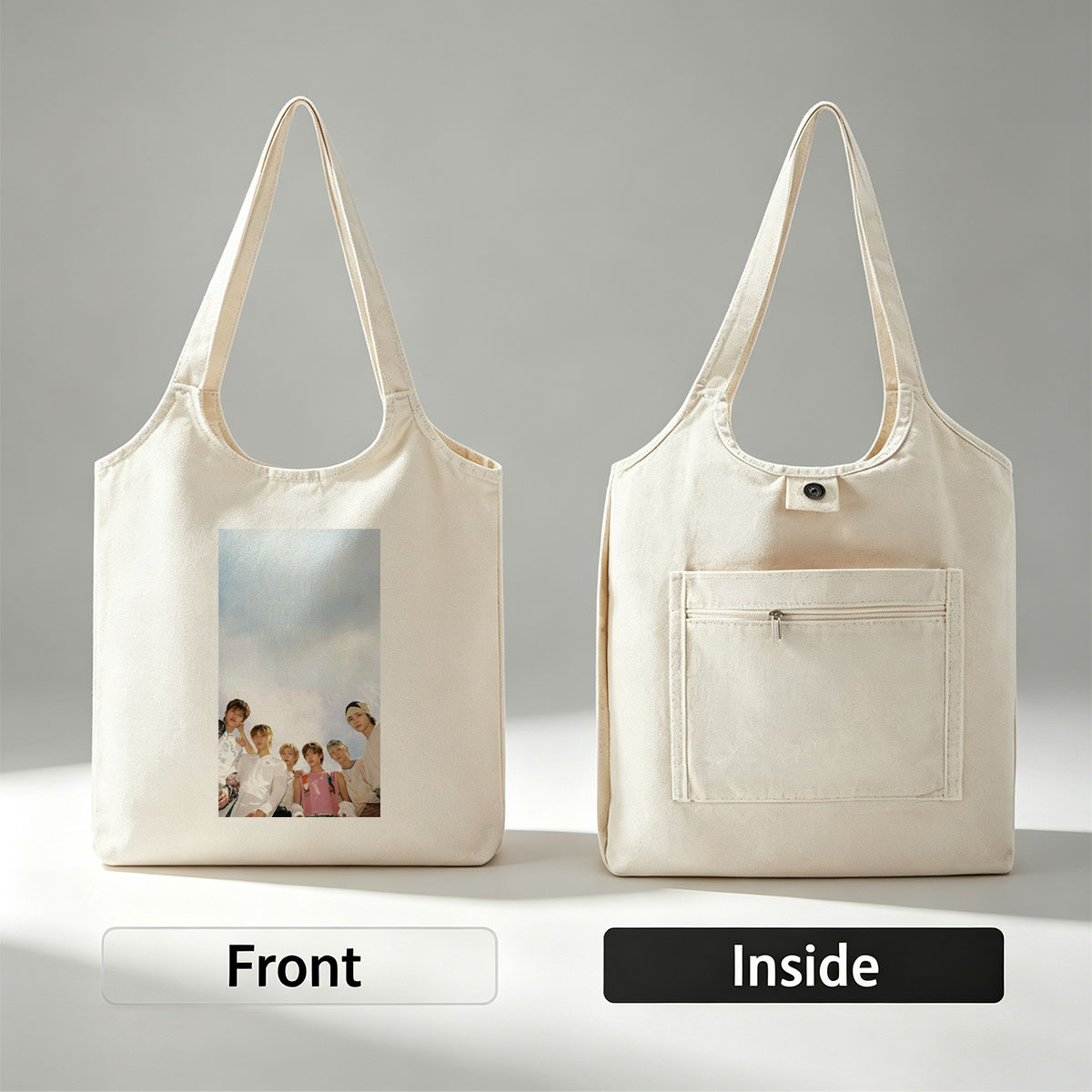 TXT Members Standing Together Under a Bright Sky in Casual Outfits - Canvas shoulder bags/