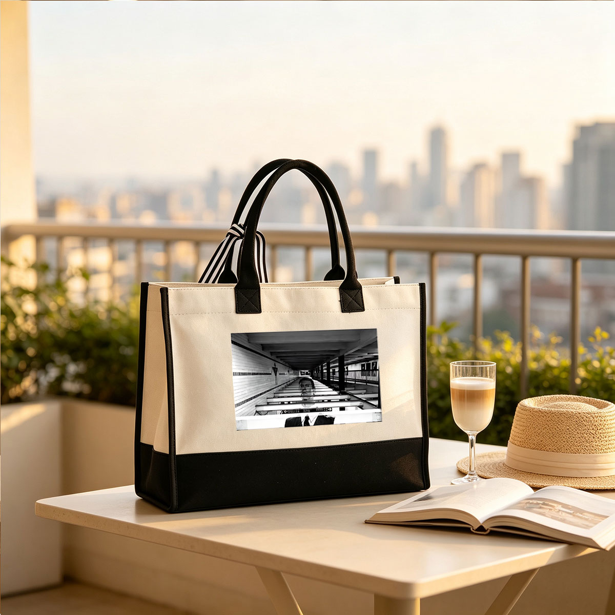 Man in Suit on Subway Platform with Overlaid Face and Directional Signs - Canvas patchwork gift tote bag