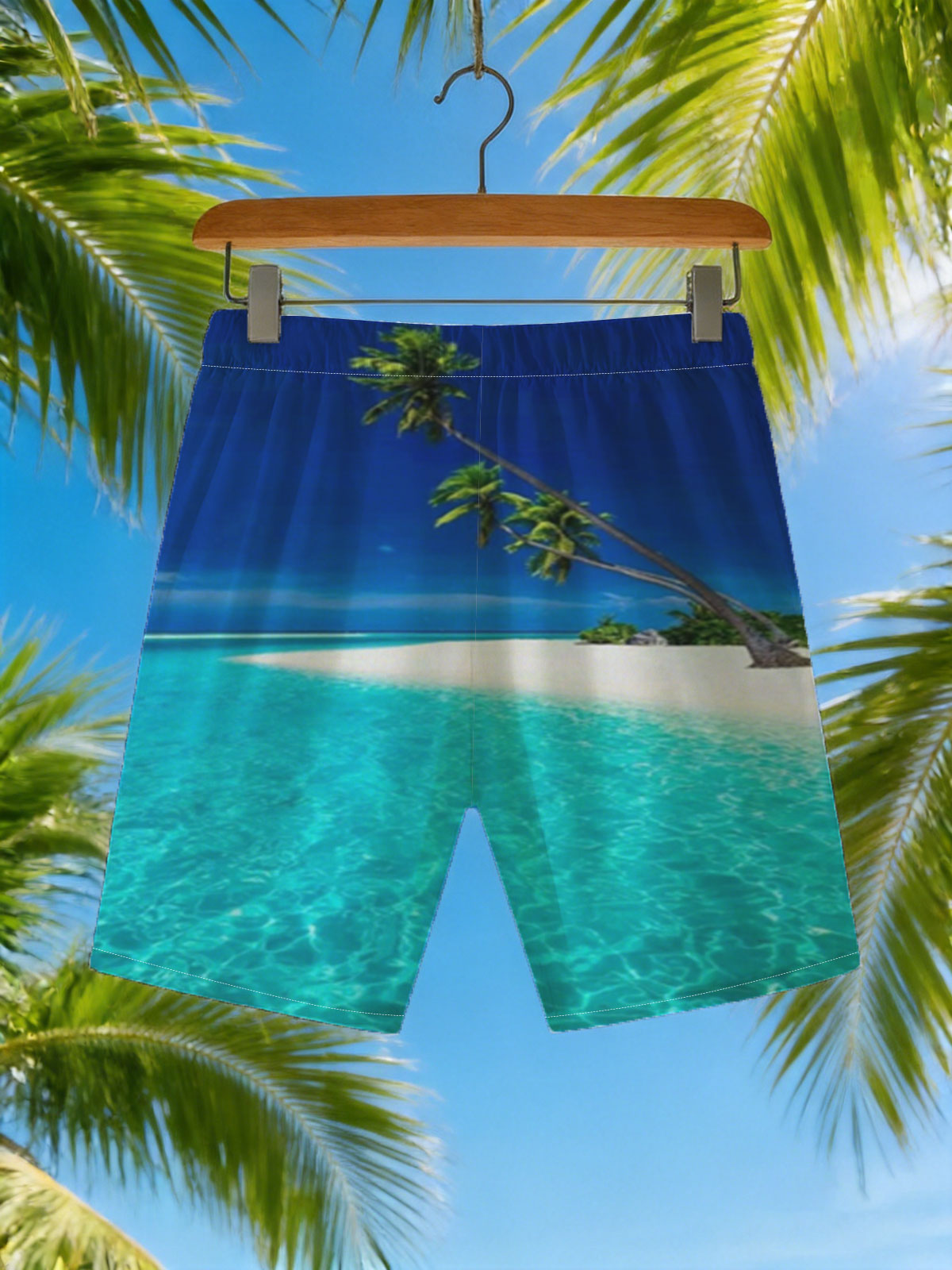 Serene tropical beach with crystal clear turquoise water and leaning palm trees under a vibrant blue sky. -  Beach shorts