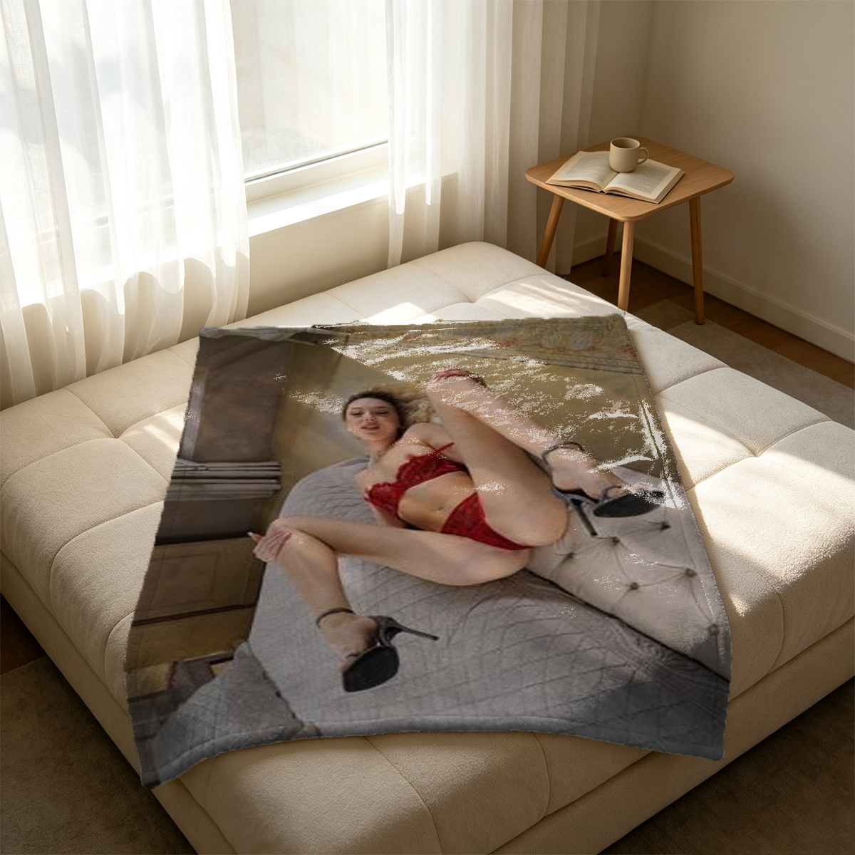 Red Lingerie Model Posing in Trench Coat by Window - Blanket