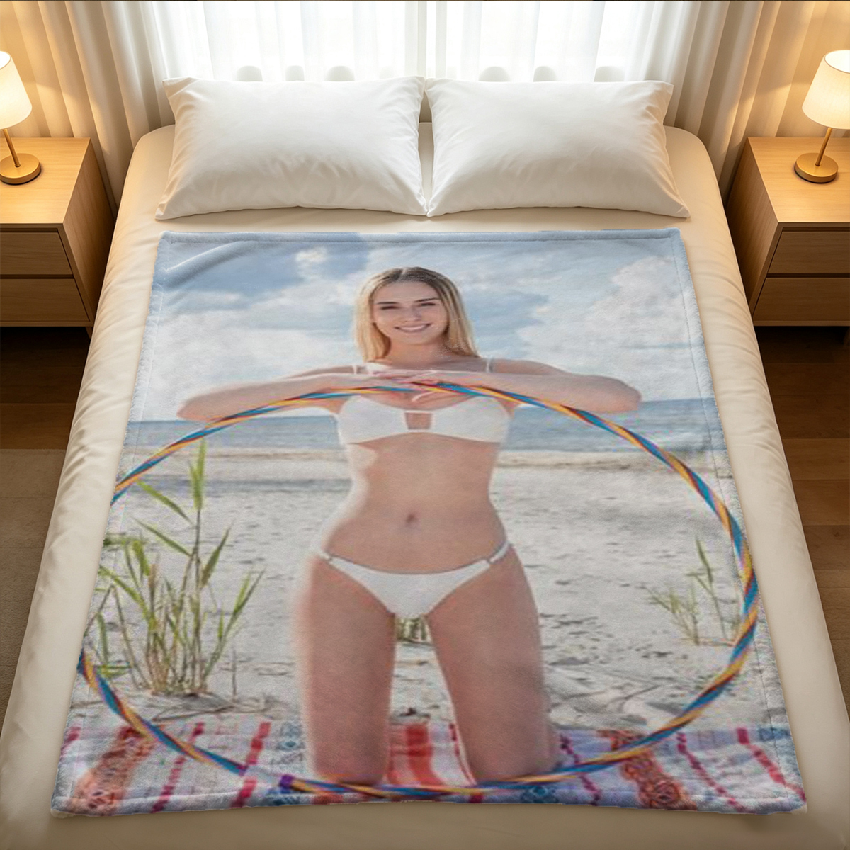 Two nude women showering together embracing under water stream. - Blanket