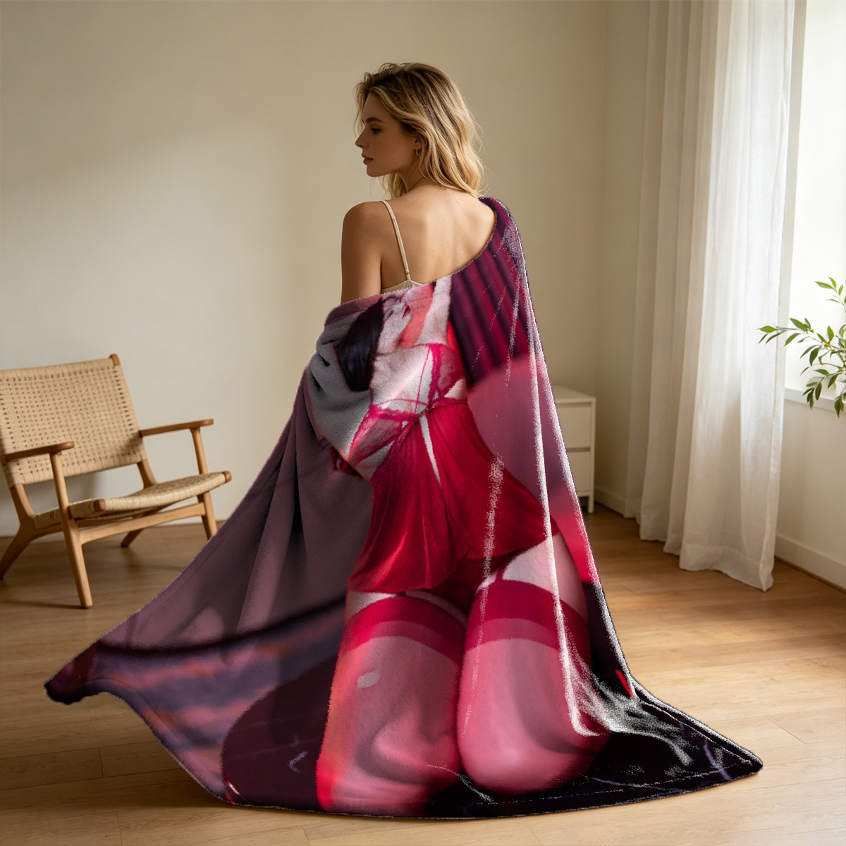 Blonde woman lying naked on wooden floor smiling at camera - Blanket