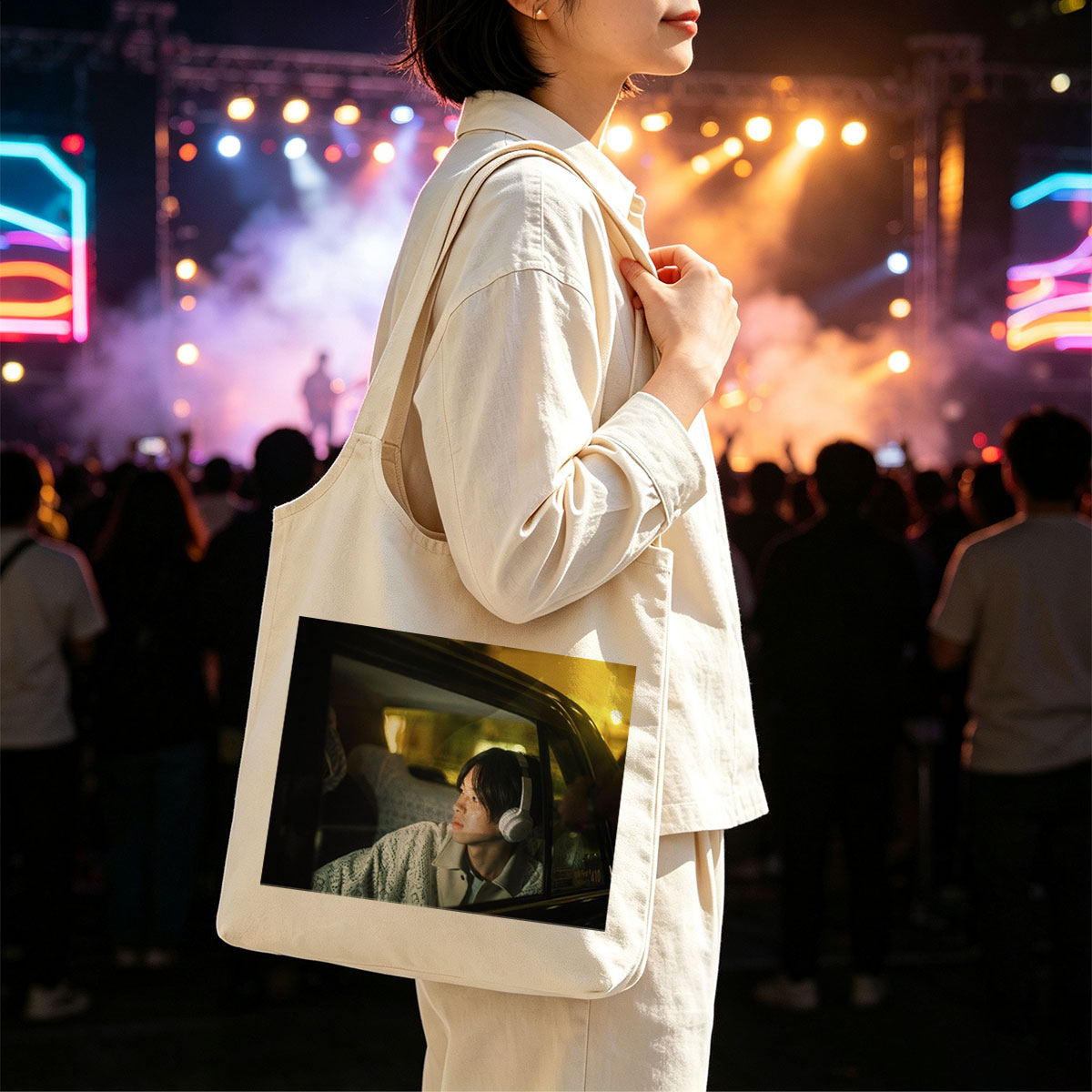 Yosuke Sugino in a Car at Night Wearing Headphones and Looking Out the Window - Canvas shoulder bags/