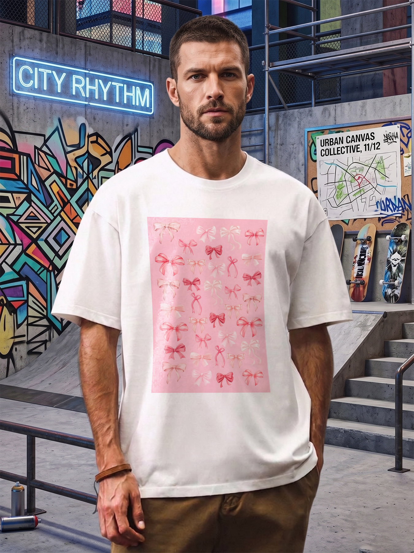 Men's Bow Print T-Shirt with Pink Ribbon Pattern Casual Round Neck Summer Lightweight Breathable Short Sleeve T-Shirt for Everyday Wear, Outdoor Activities, and Leisure Time - Perfect for Young Adults and Trendy Fashion Lovers