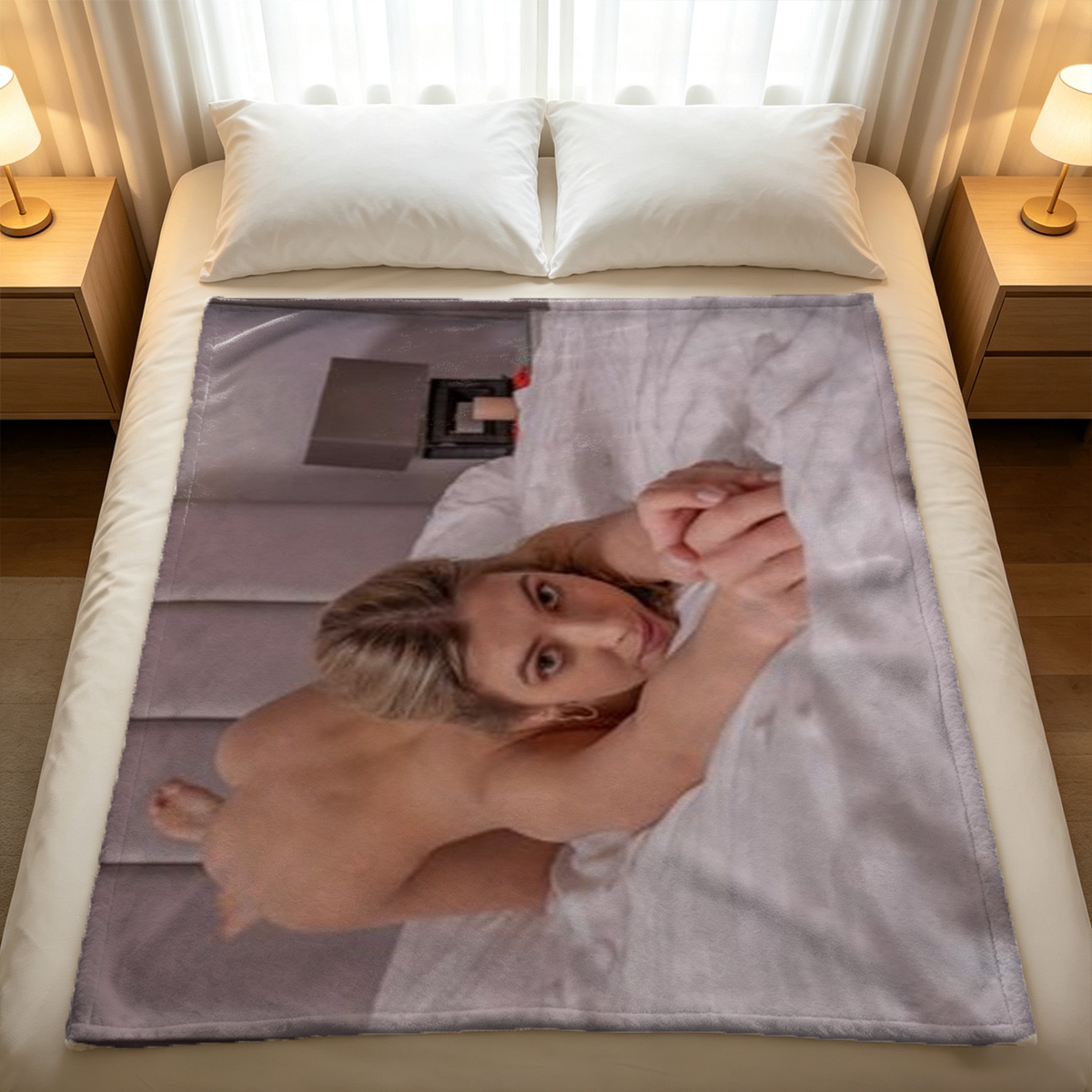 Ahegao blonde cosplayer in black and white Gothic lolita lingerie sprawled on ornate chaise. - Blanket