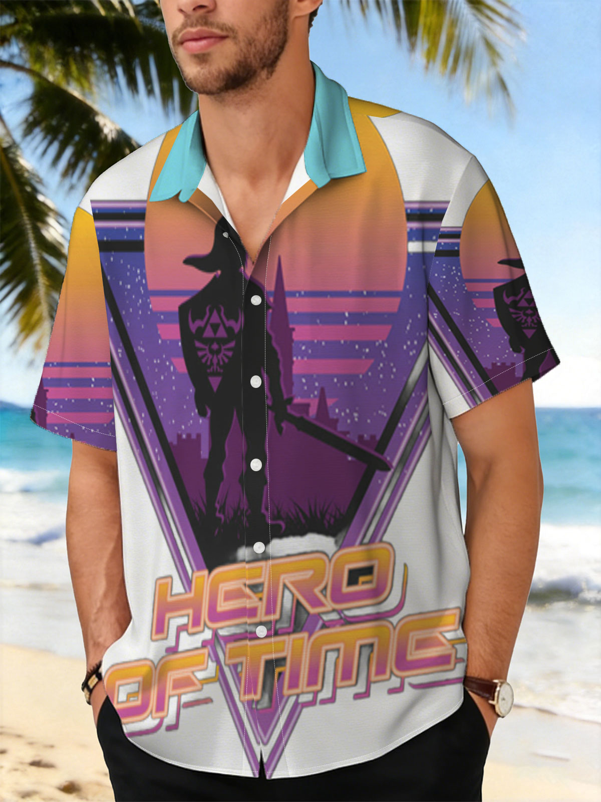 Hero of Time: Link Silhouette in Retro Sunset Scene -  Shirt