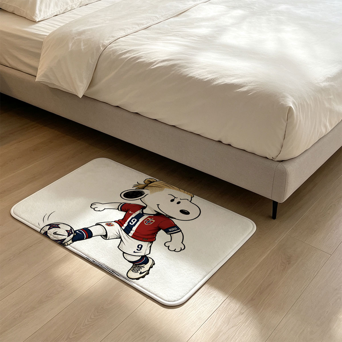 Snoopy as Norway Soccer Player, Wearing #9 Jersey, Kicking Ball - Flannel floor mat
