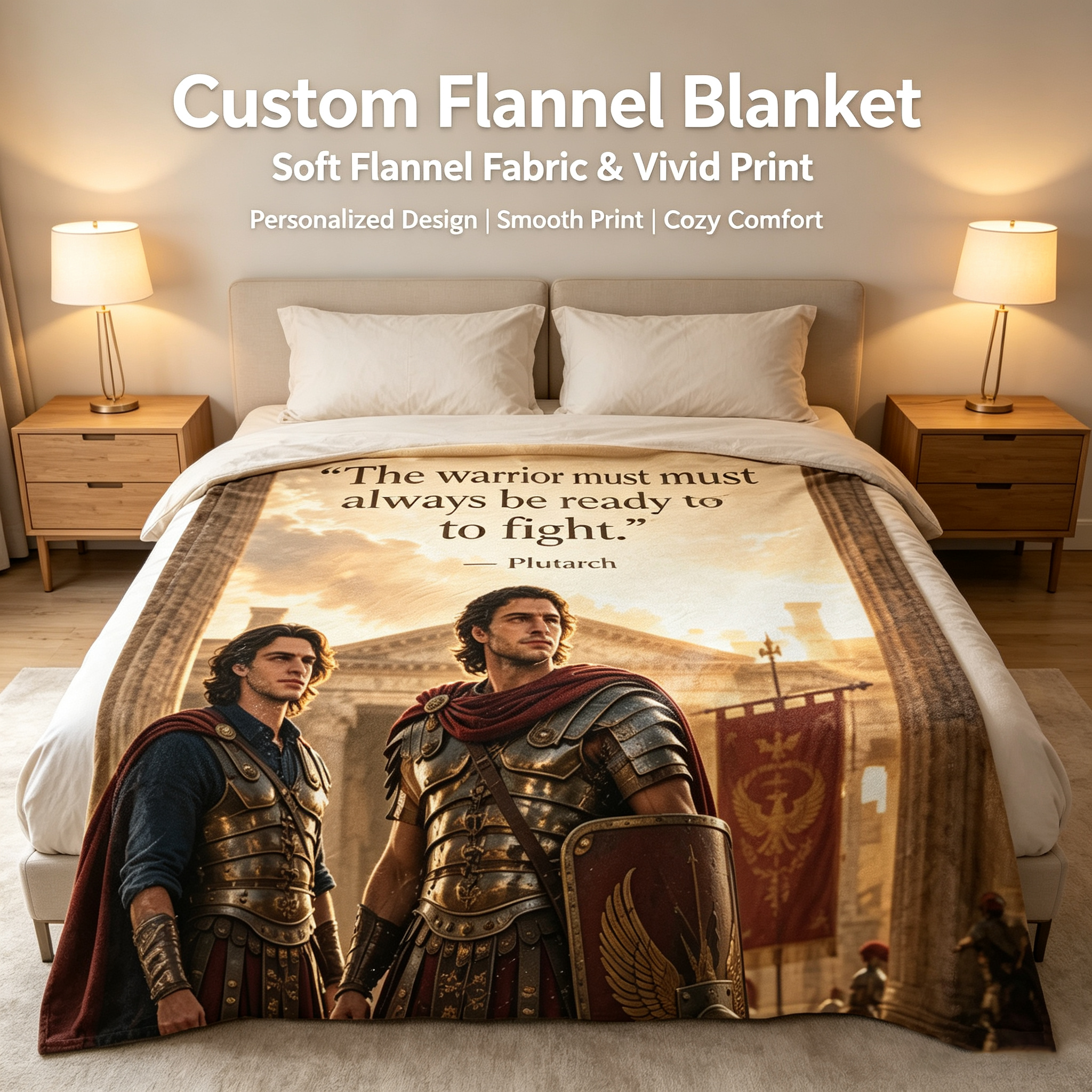 Custom Face Blanket Featuring Roman Warrior Scene with Plutarch Quote Flannel Blanket for Home Decor and Cozy Nights Perfect Gift for History Lovers and Ancient Rome Enthusiasts