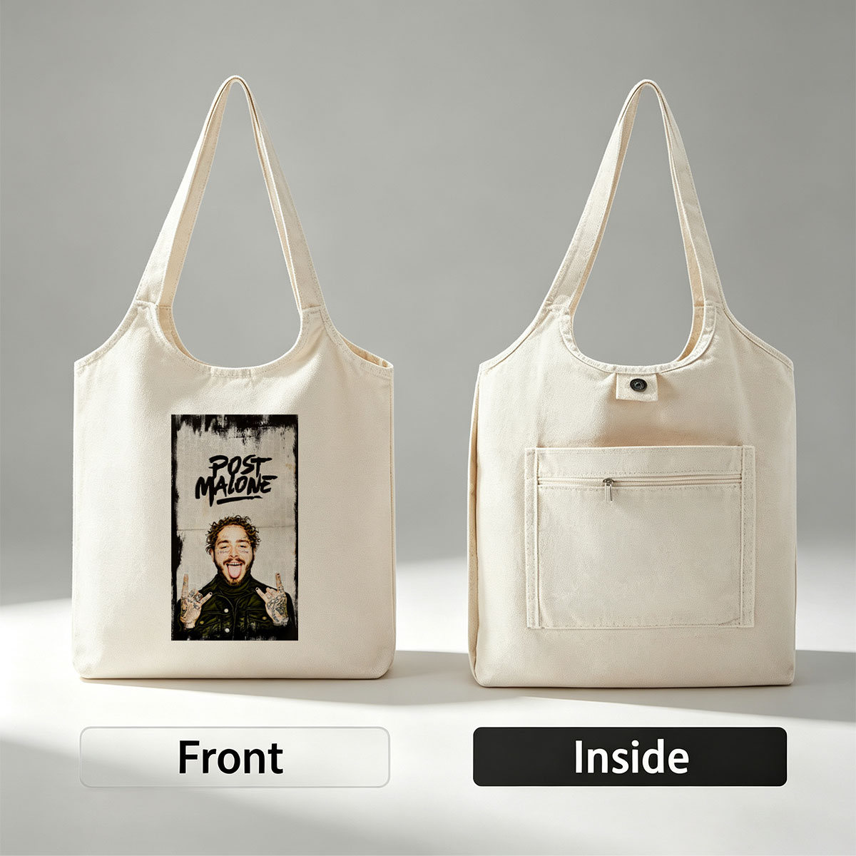Post Malone Rocking the Peace Sign with Tongue Out in a Tattooed, Edgy Look - Canvas shoulder bags/