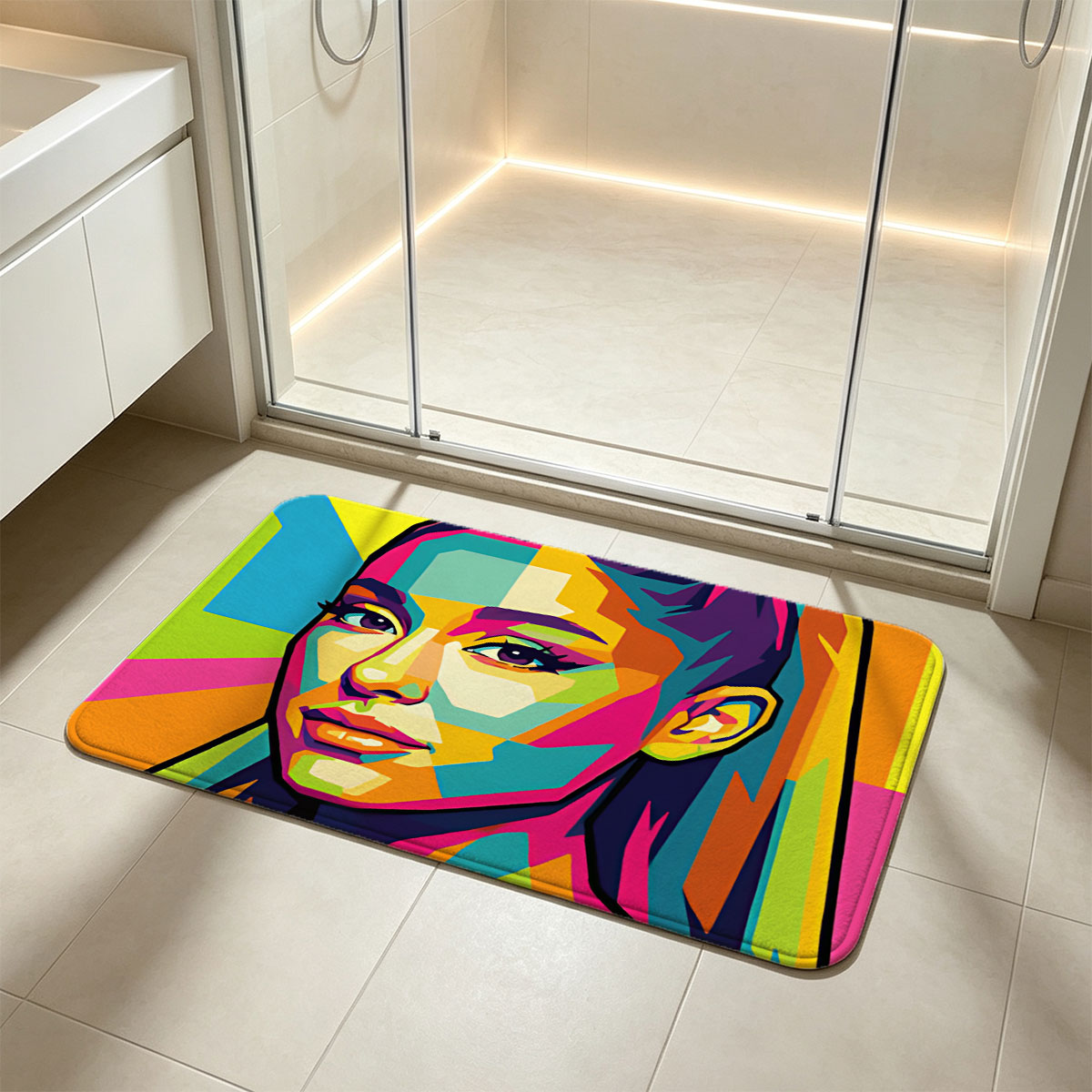 Colorful Pop Art Portrait of a Woman with Vibrant Geometric Patterns - Flannel floor mat