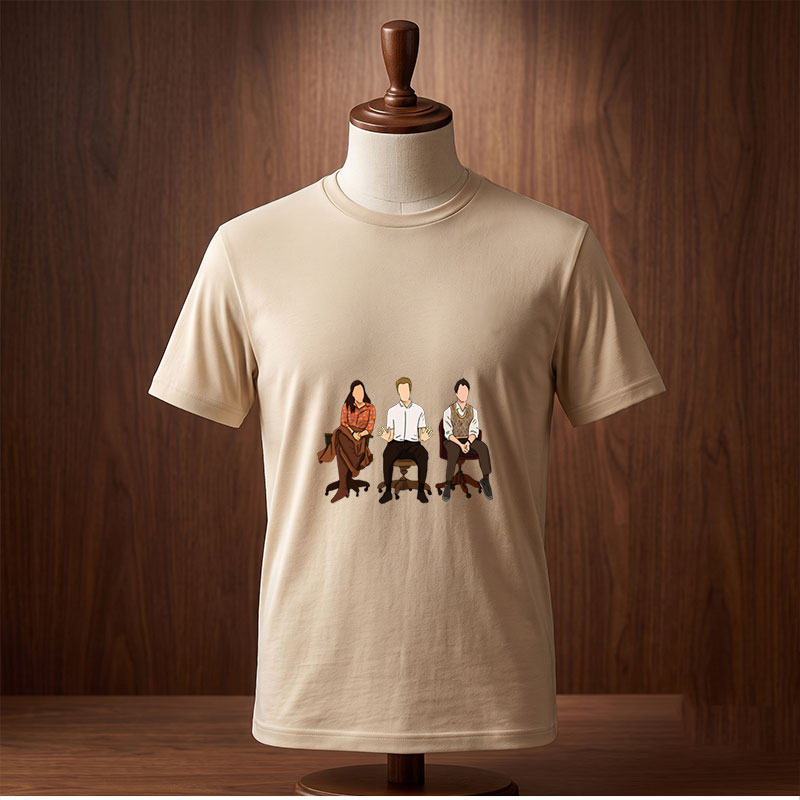 Three Individuals in a Discussion Setting - Tee