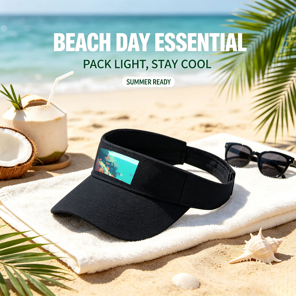 Colorful coastal landscape with vibrant flora and a distant ship on turquoise waters. -  Visor cap