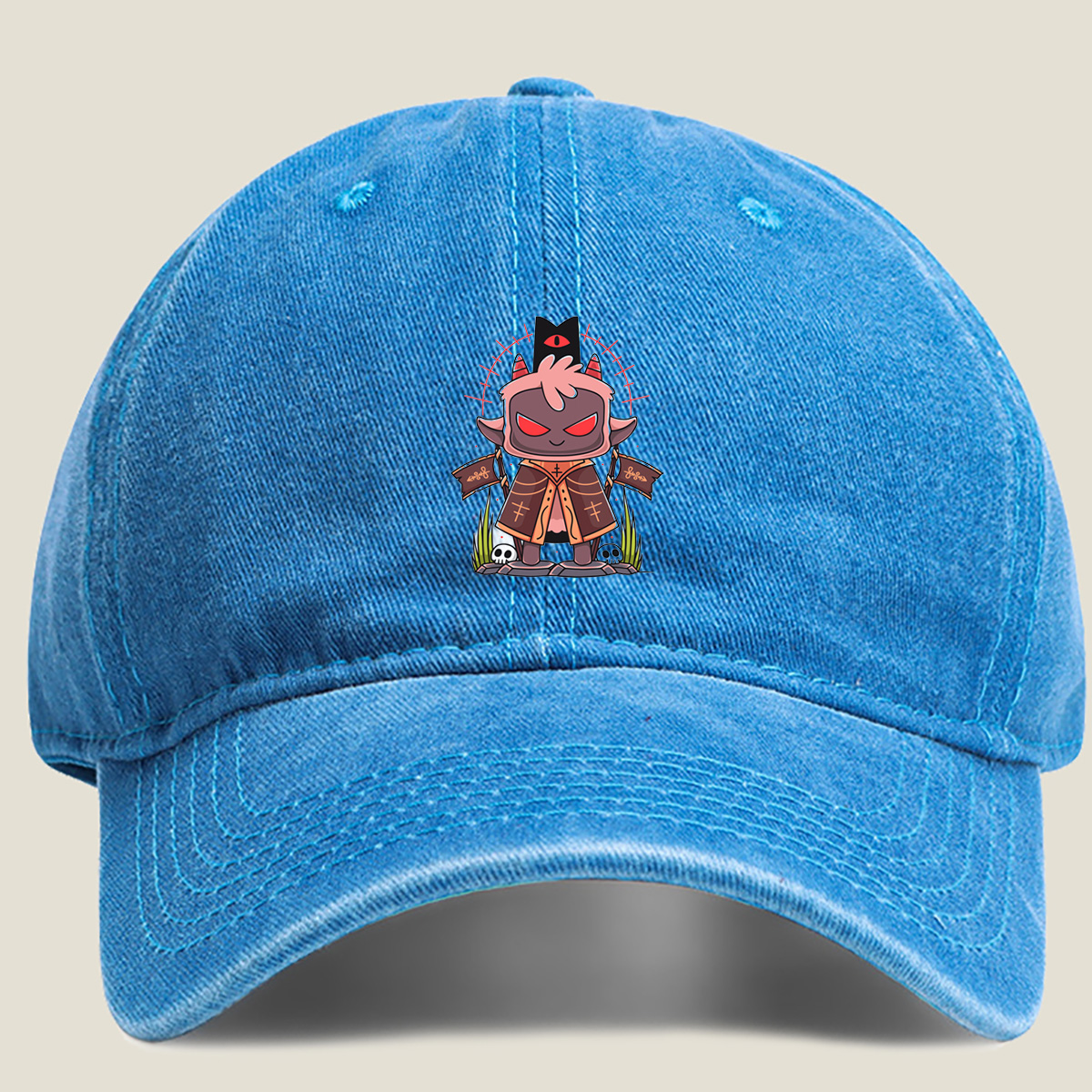 Demon King with Red Eyes and Horns - Washed Denim - Baseball Cap