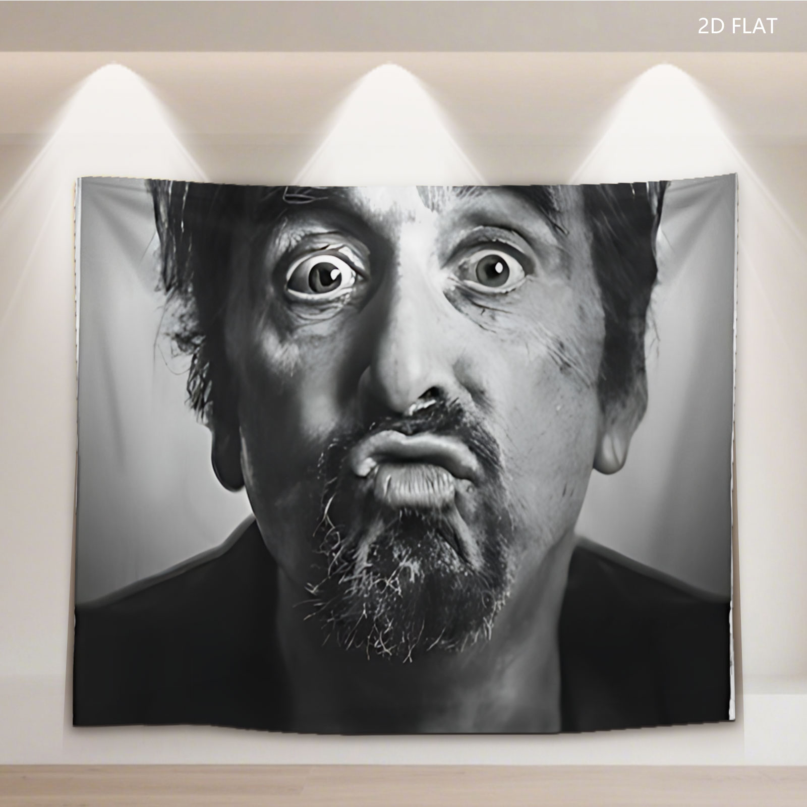 Al Pacino in a dramatic black-and-white portrait, displaying an intense expression with wide eyes and a furrowed brow. - Tapestry