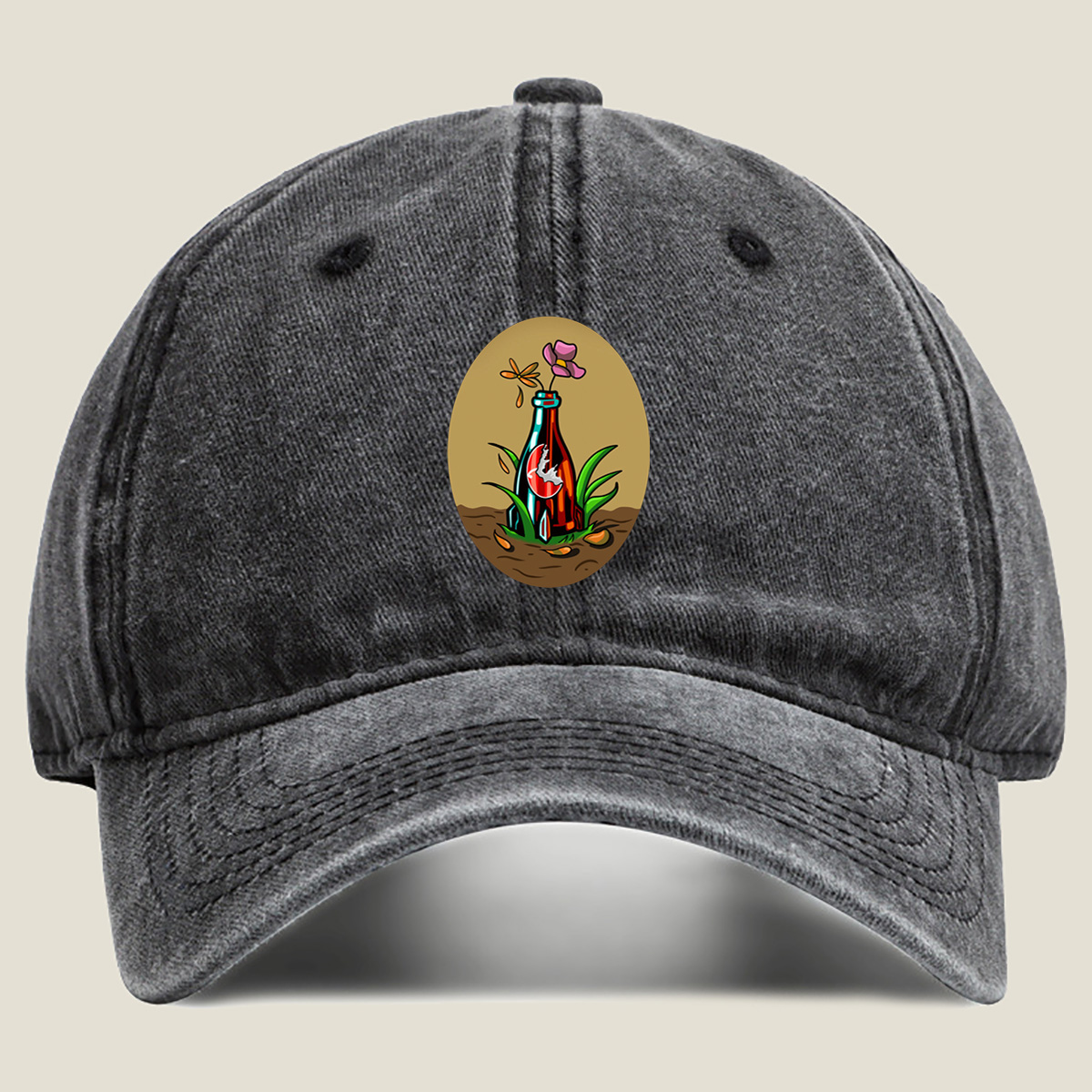 Bottle Garden with Flower and Dragonfly - Washed Denim - Baseball Cap