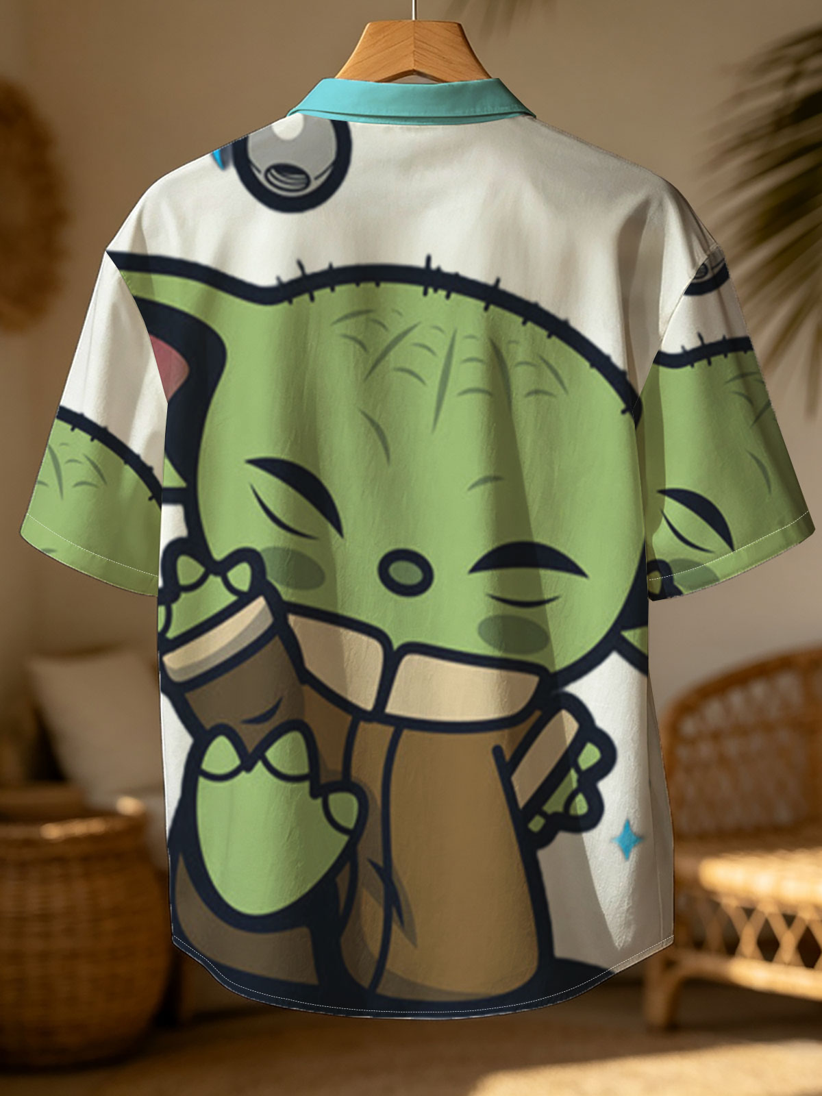 Baby Yoda Hugging a Cup with Stars and Droid in Background -  Shirt