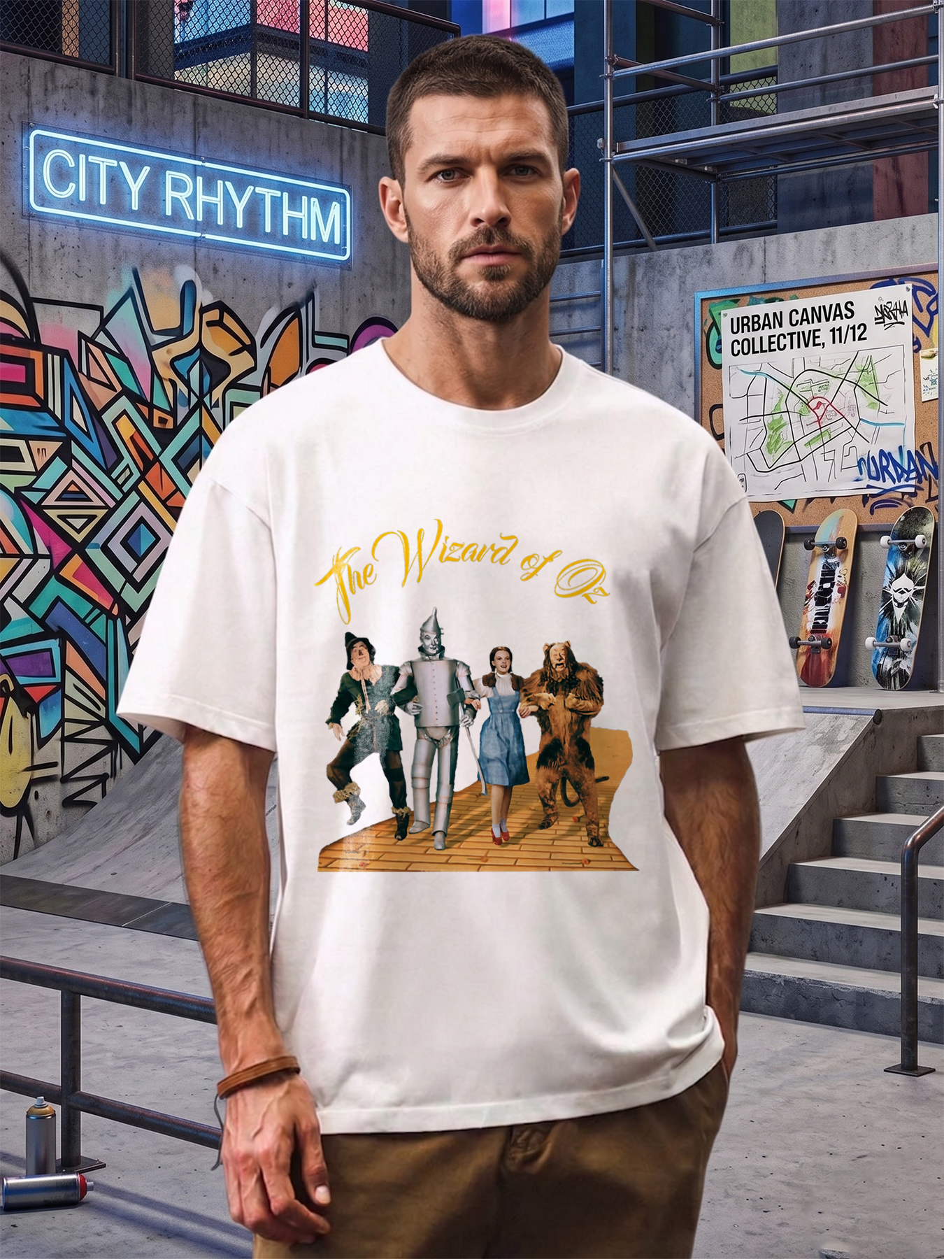 Men's Printed T-Shirt The Wizard of Oz Characters Yellow Brick Road Design Casual Round Neck Summer Lightweight Breathable Short Sleeve Tee for Fans of Classic Movies and Pop Culture Enthusiasts