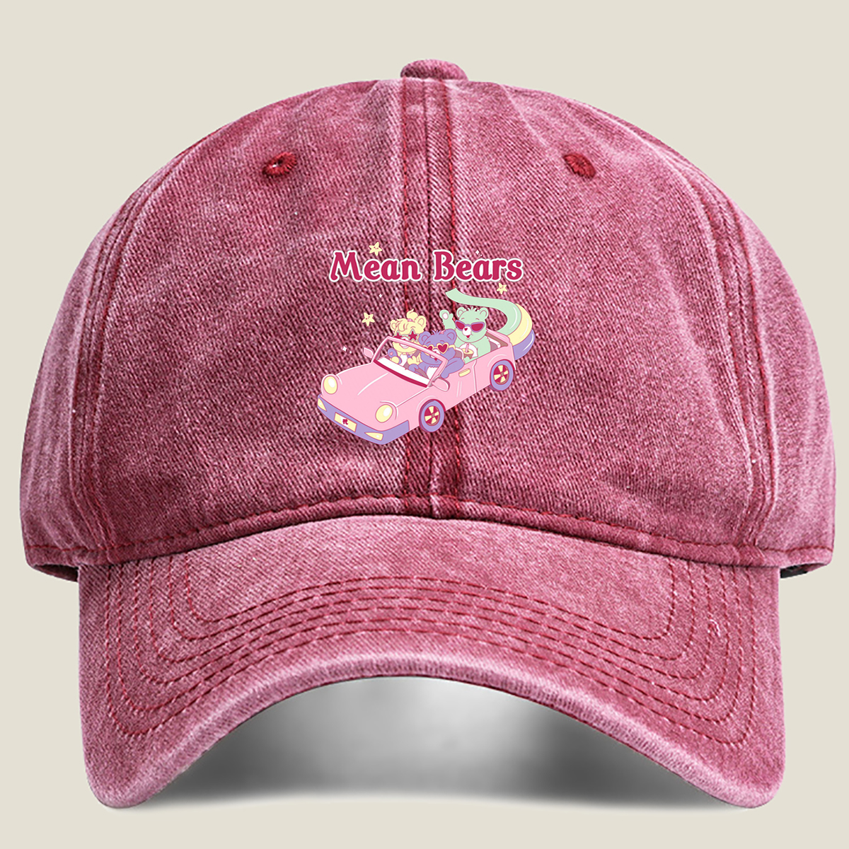 Mean Bears in a Pink Car with Three Cute Characters - Washed Denim - Baseball Cap