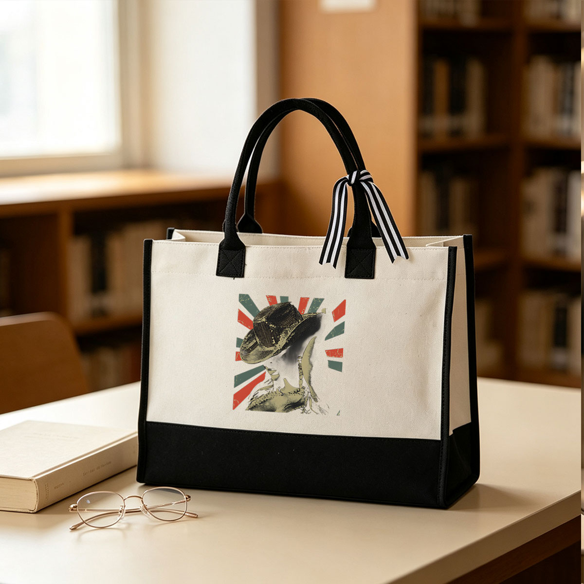 Mysterious Figure in Cowboy Hat Against Bold Striped Background - Canvas patchwork gift tote bag