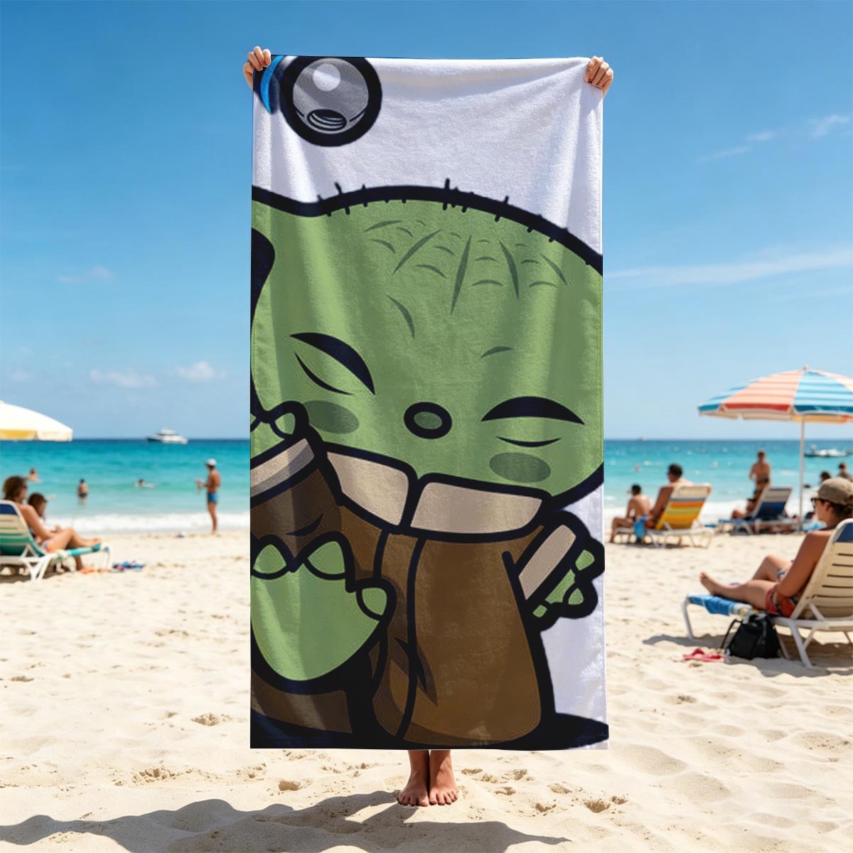 Baby Yoda Hugging a Cup with Stars and Droid in Background - Beach towels