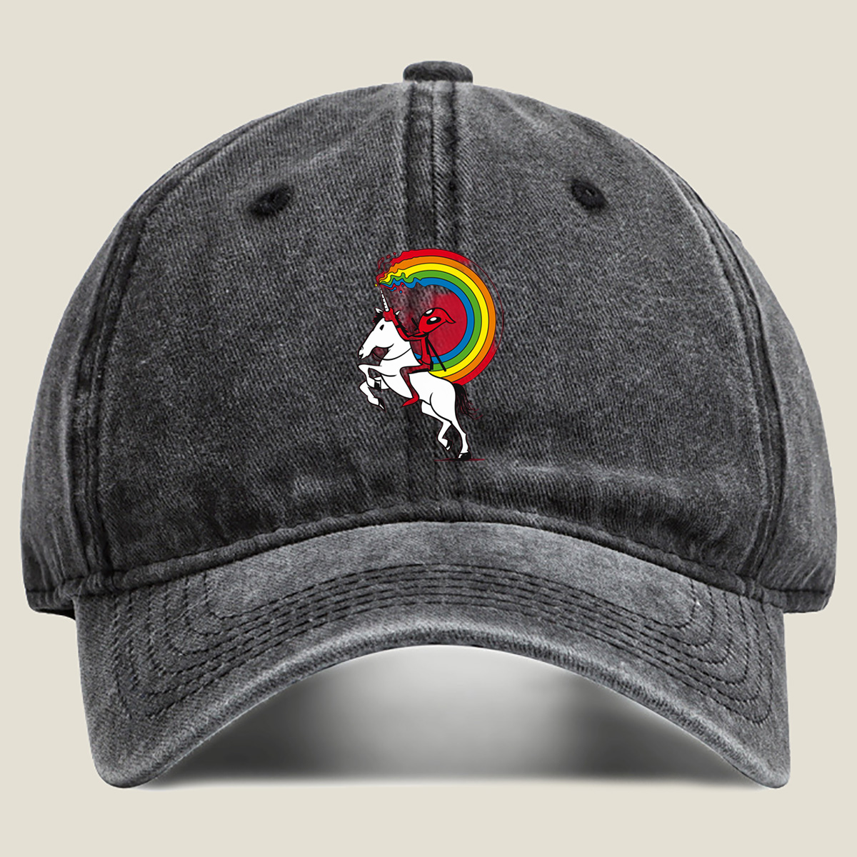 Unicorn Rider with Rainbow Trail - Washed Denim - Baseball Cap